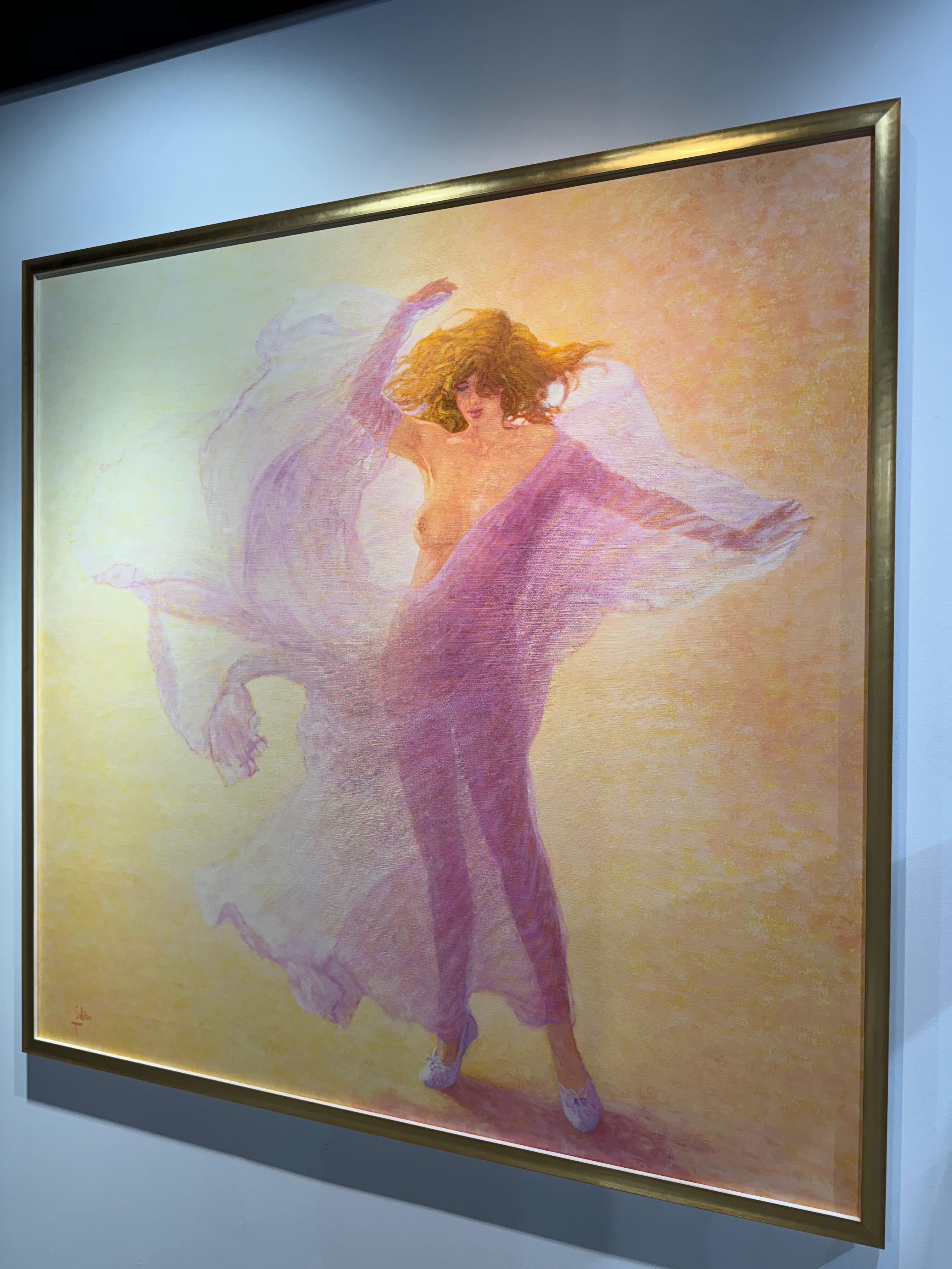 Hommage a Loie Fuller (Tribute to Loie Fuller) Large Nude Woman in Pink 
Size: 59x59 framed 71x71x2
Impressive large painting tribute to Loie Fuller she was an American actress and dancer who was a pioneer of both modern dance and theatrical