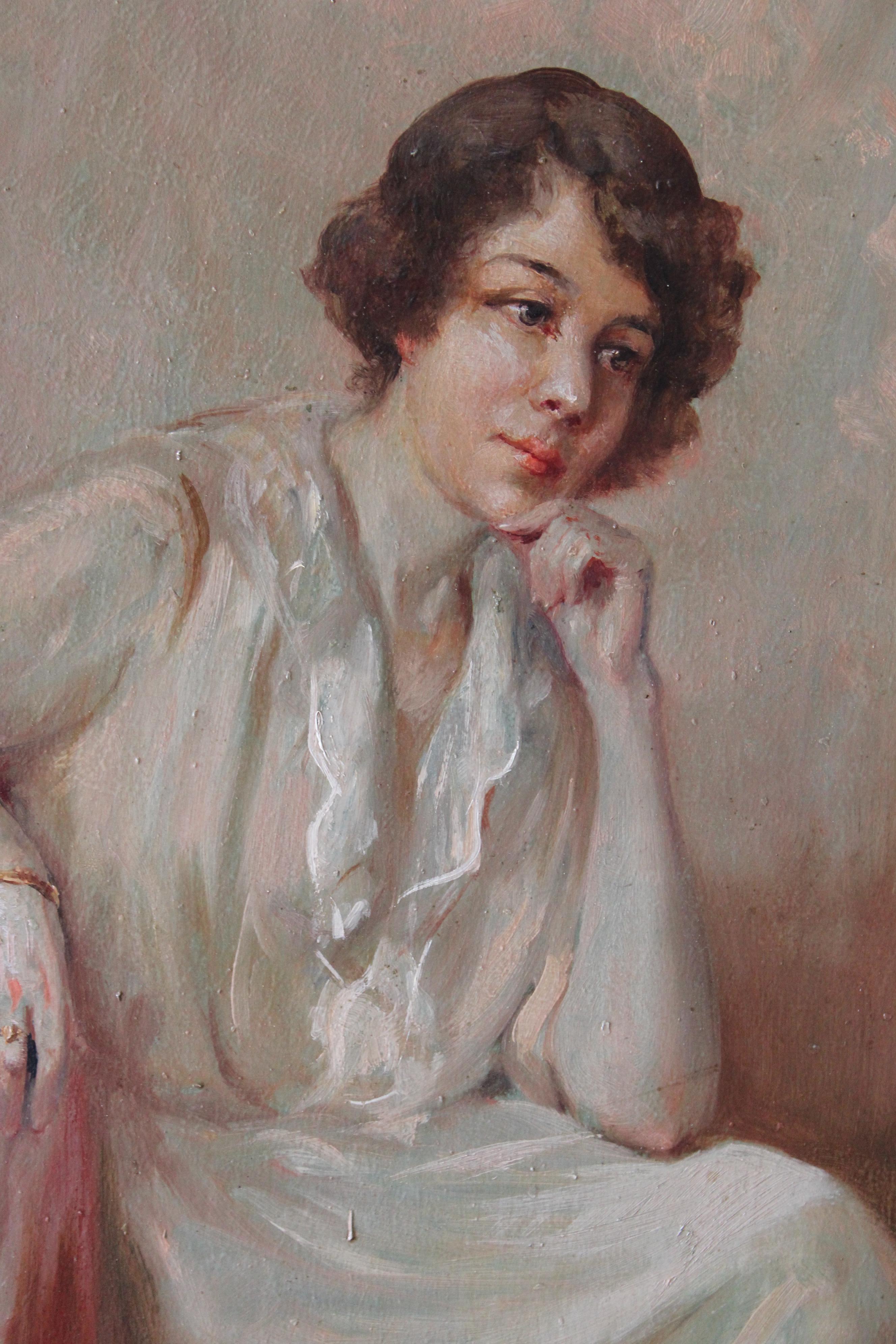 Portrait ancien d'une femme, portrait français, peinture à l'huile Art déco en vente 1