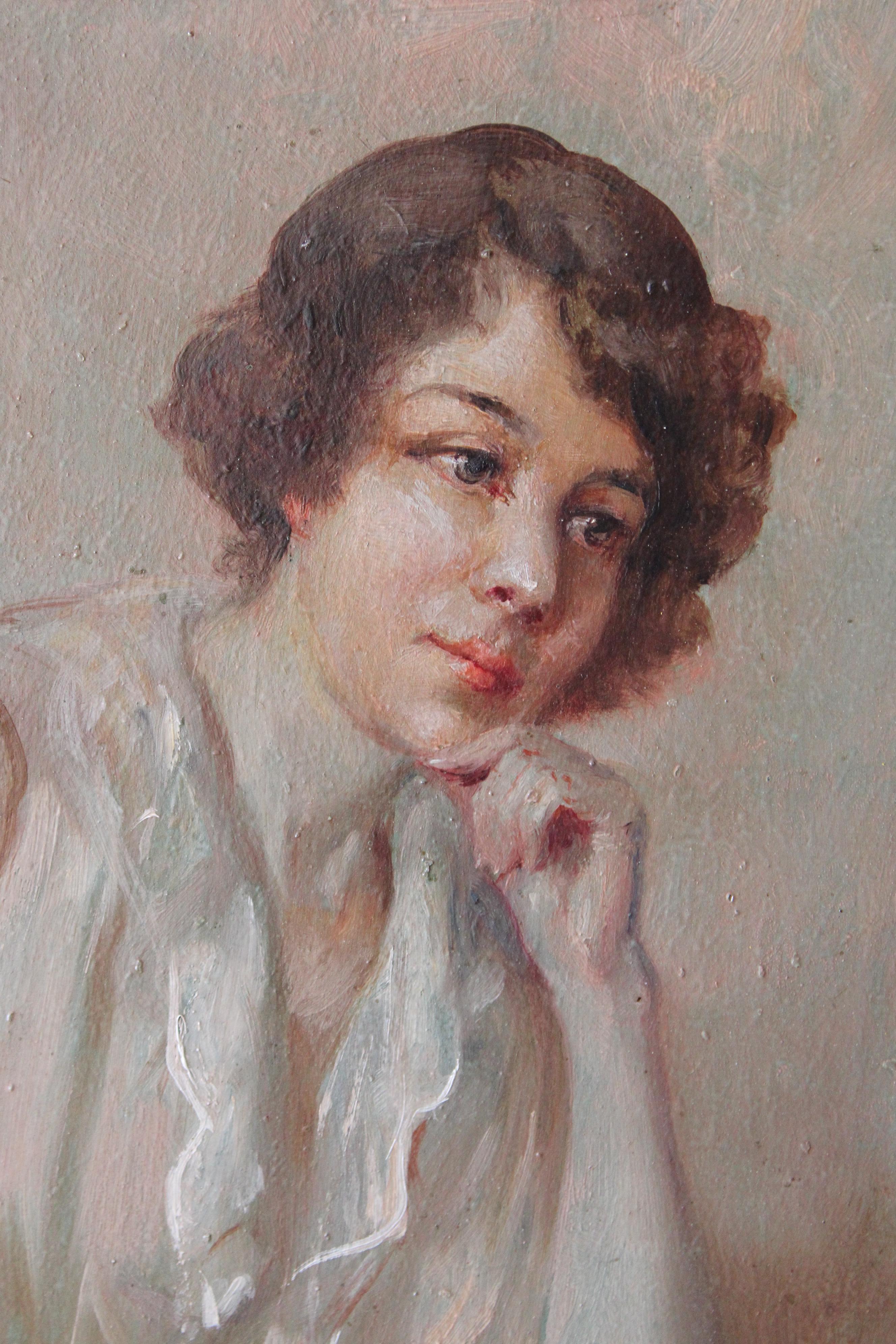 Portrait ancien d'une femme, portrait français, peinture à l'huile Art déco en vente 2