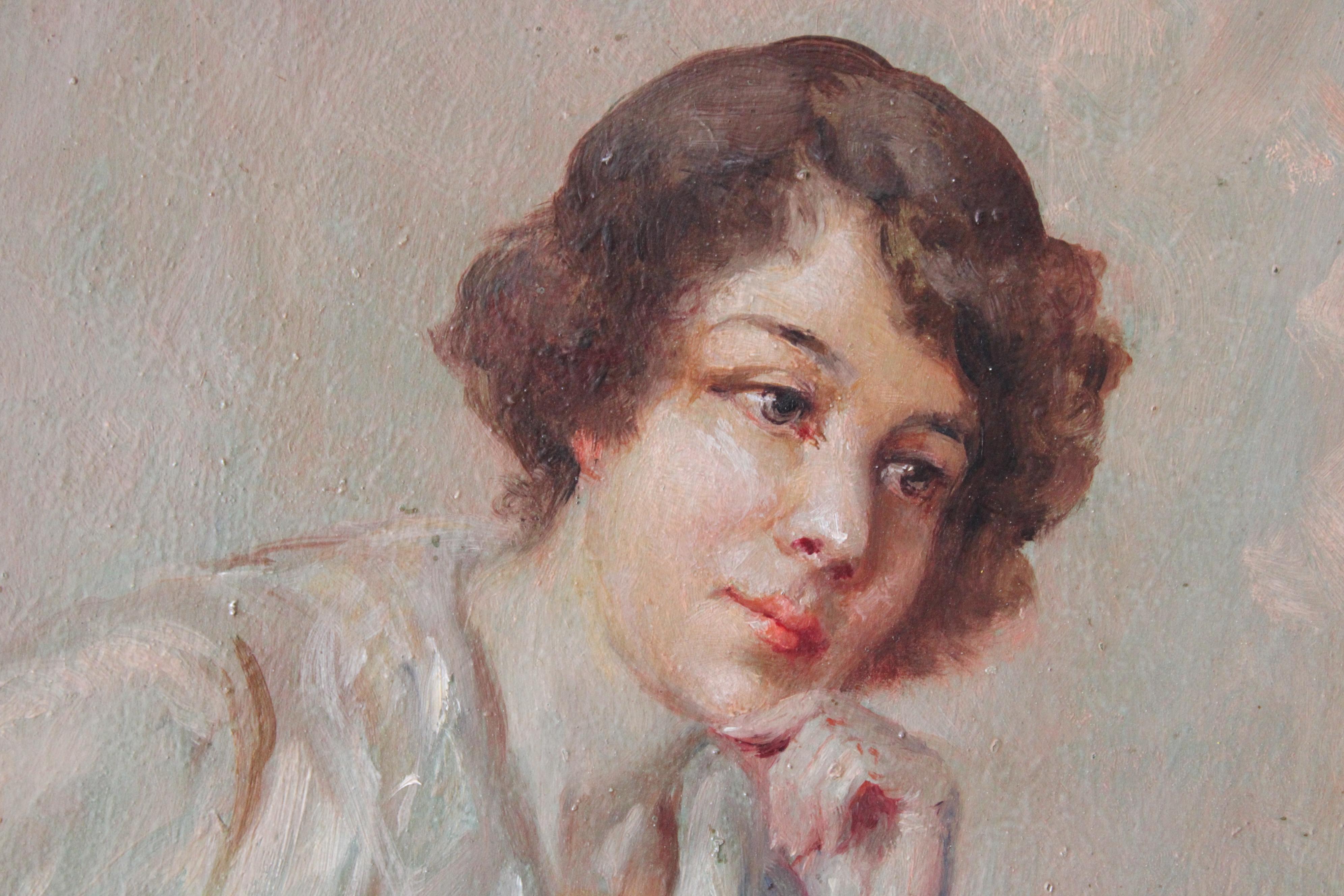 Portrait ancien d'une femme, portrait français, peinture à l'huile Art déco en vente 4