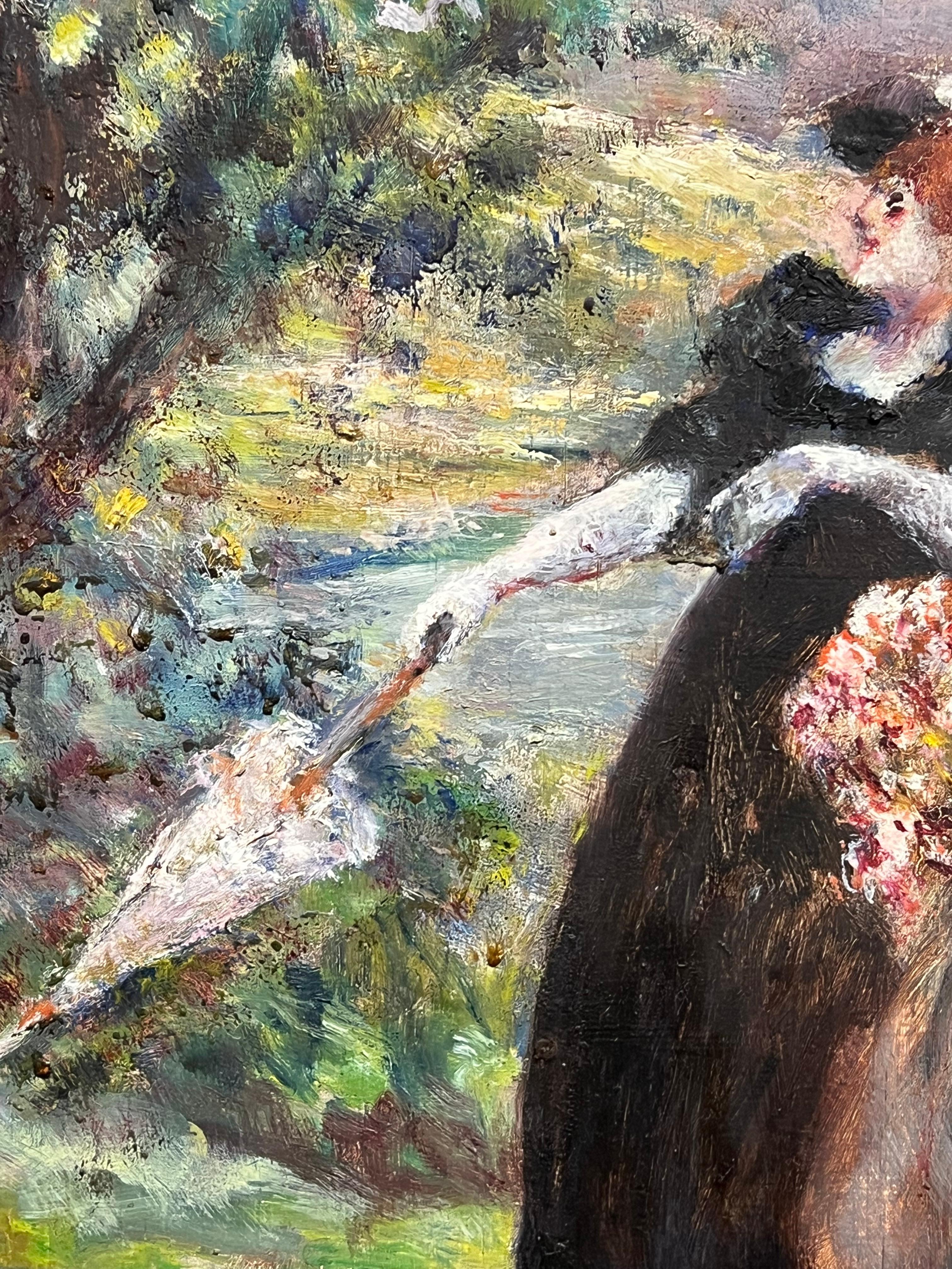Eleg Ladies Walking French River Landscape Firmato Pittura ad olio d'epoca - Painting di Louis Faille