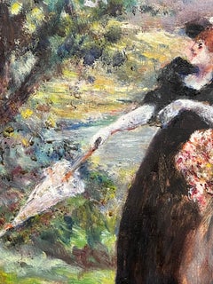 Elegant Ladies Walking French River Landscape Signed Antique Oil Painting