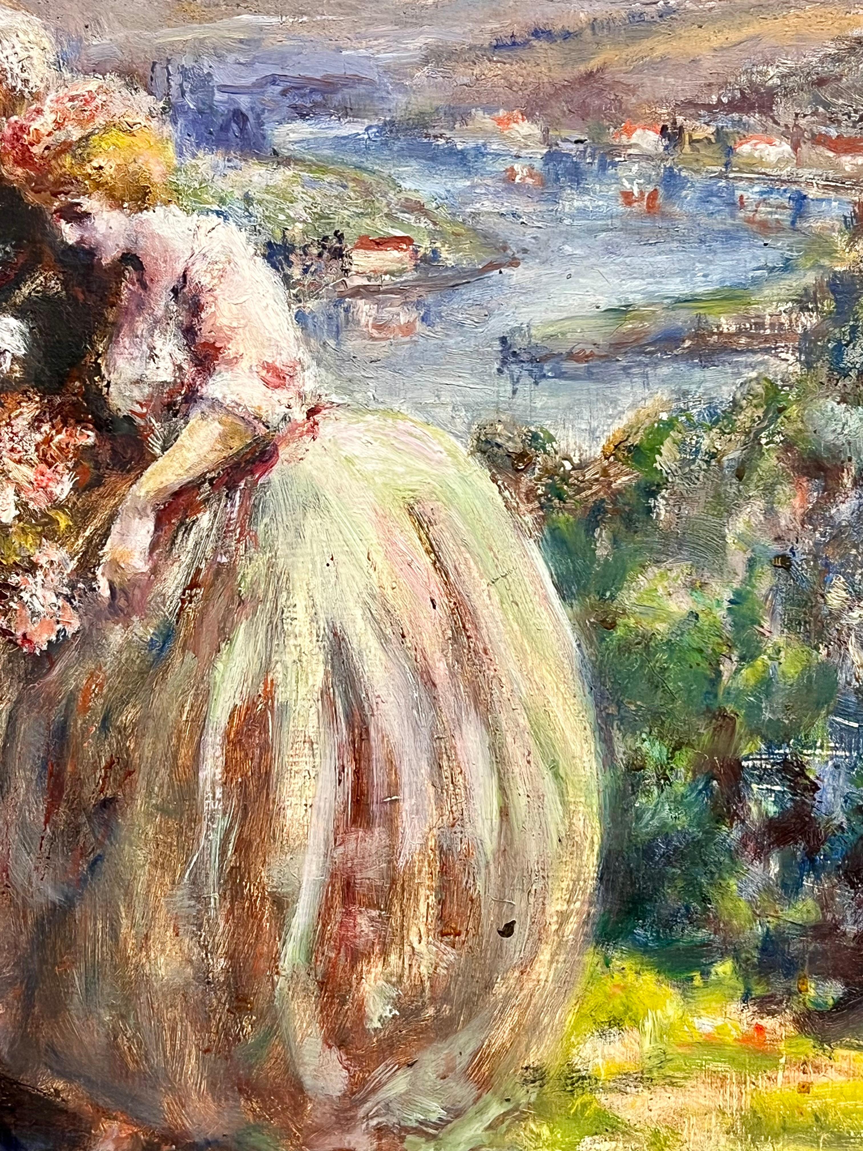 Eleg Ladies Walking French River Landscape Firmato Pittura ad olio d'epoca - Painting Postimpressionismo di Louis Faille
