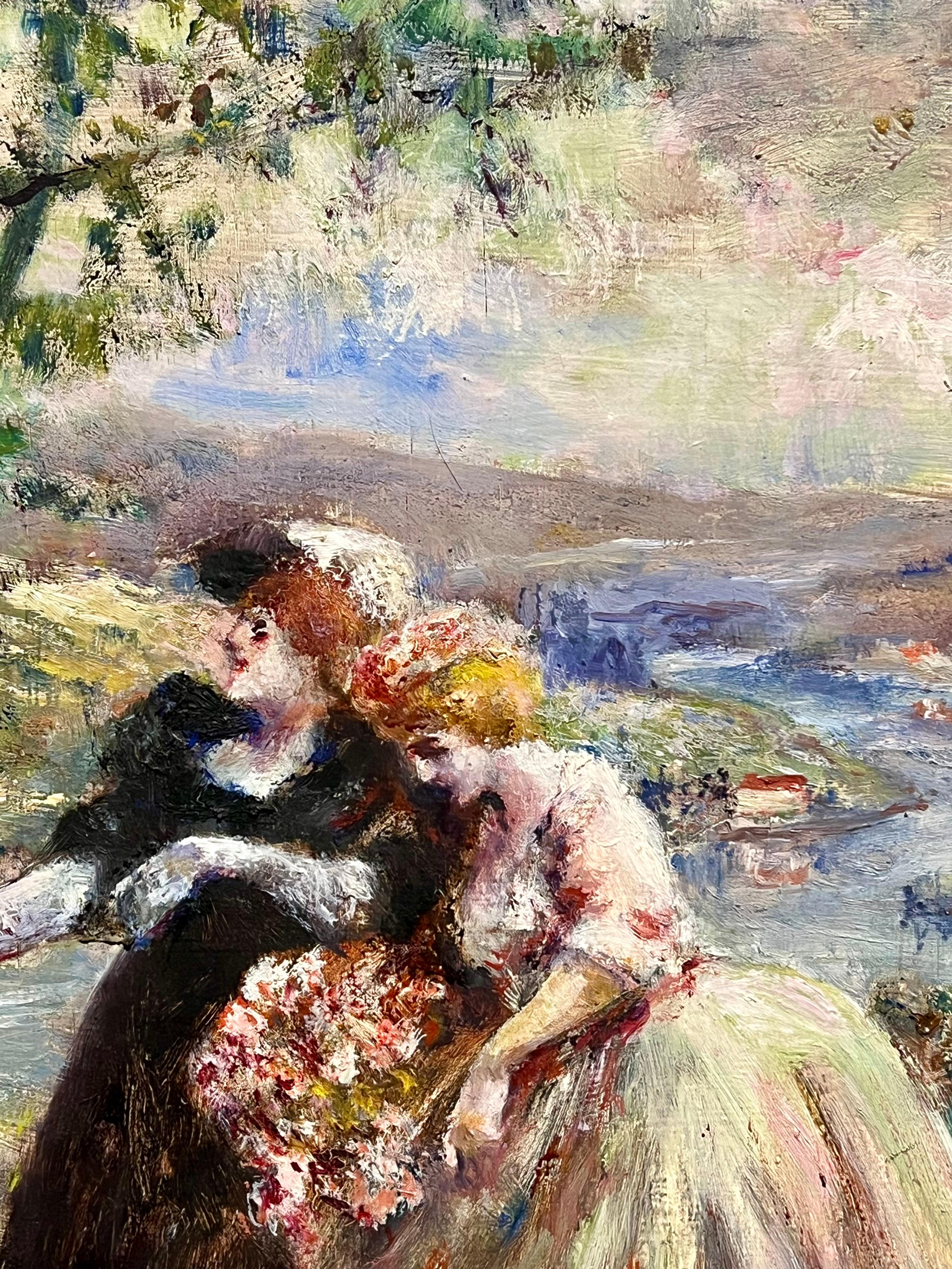 Eleg Ladies Walking French River Landscape Firmato Pittura ad olio d'epoca - Landscape Painting Marrone di Louis Faille