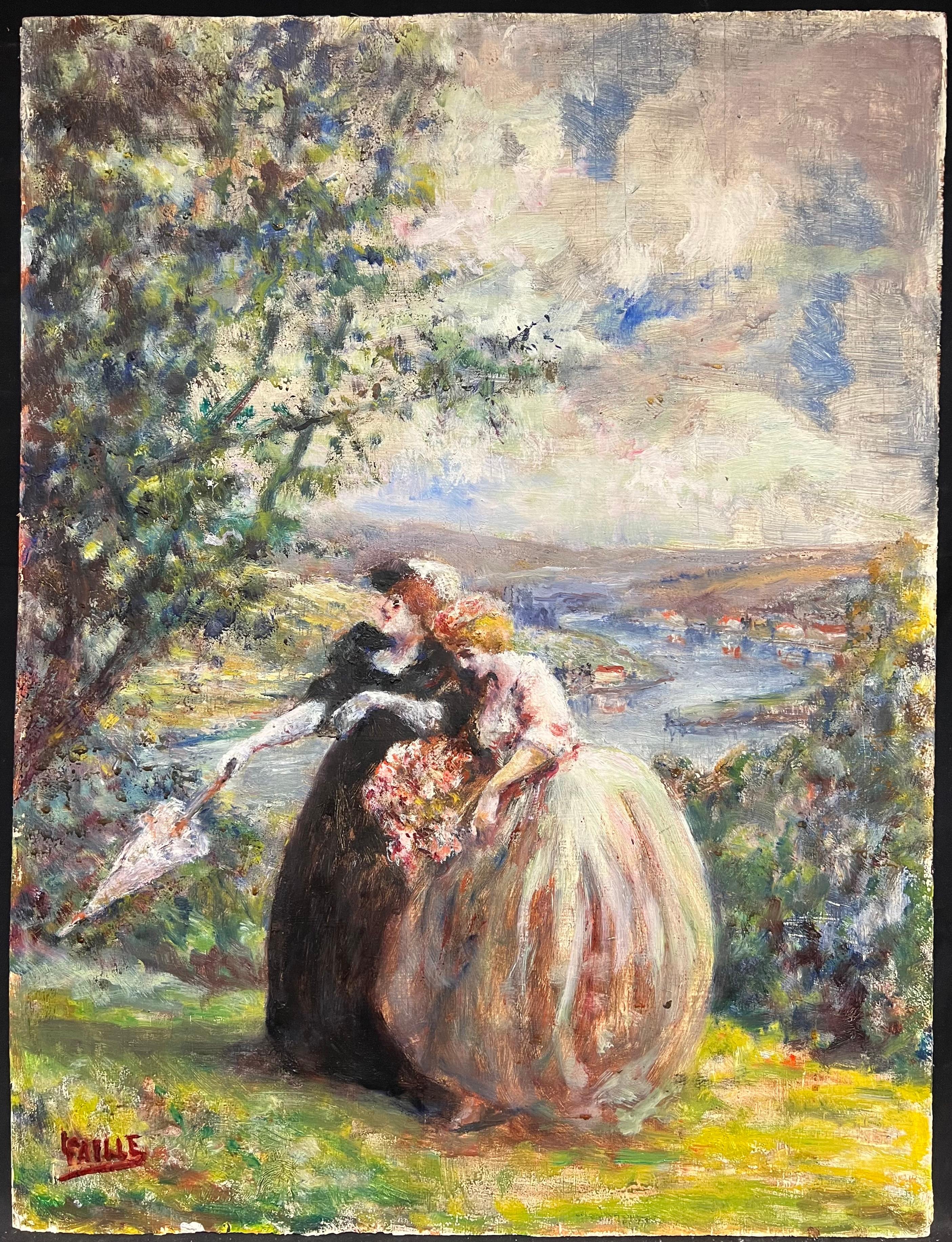 Eleg Ladies Walking French River Landscape Firmato Pittura ad olio d'epoca in vendita 1