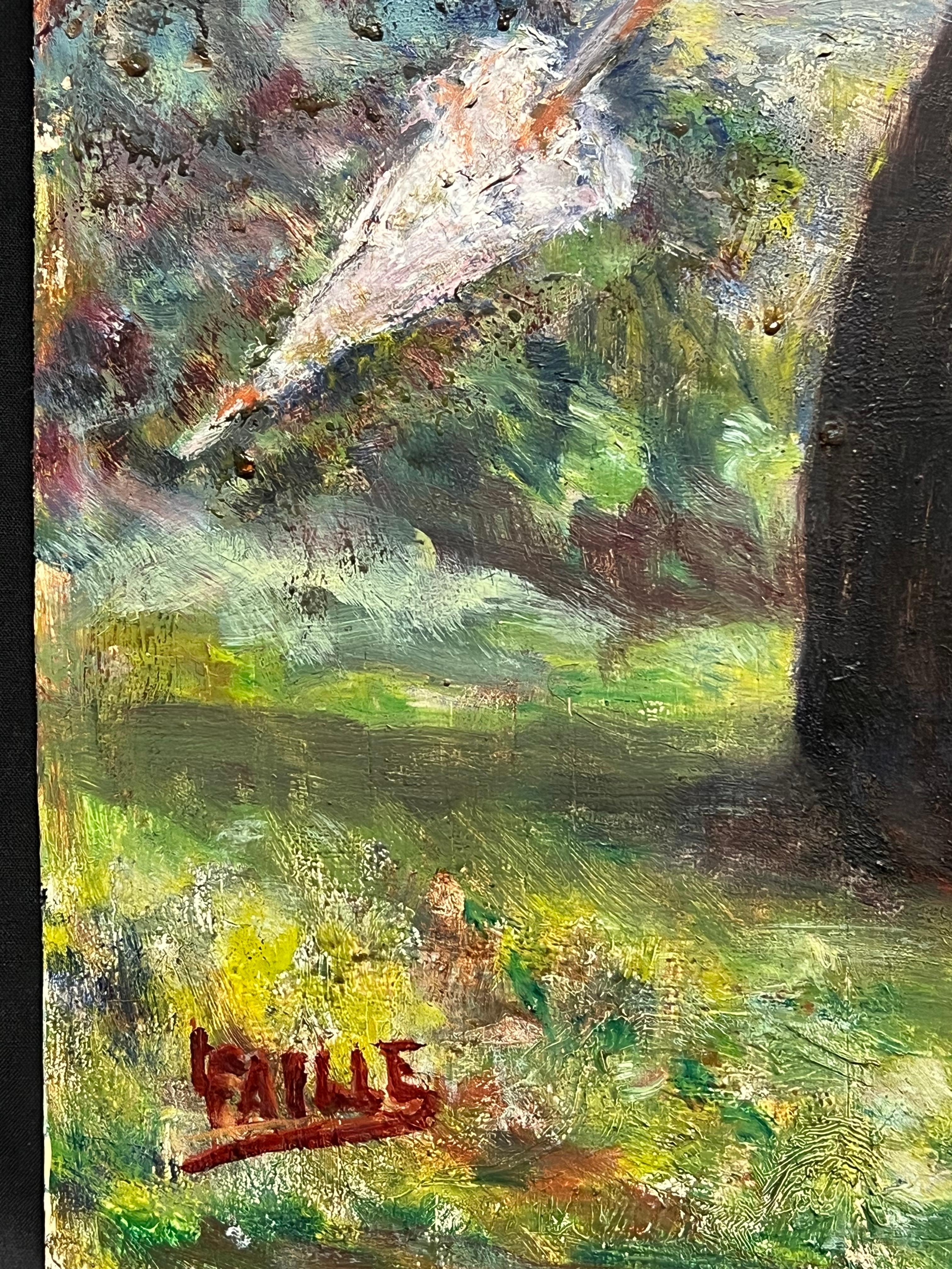 Eleg Ladies Walking French River Landscape Firmato Pittura ad olio d'epoca in vendita 4