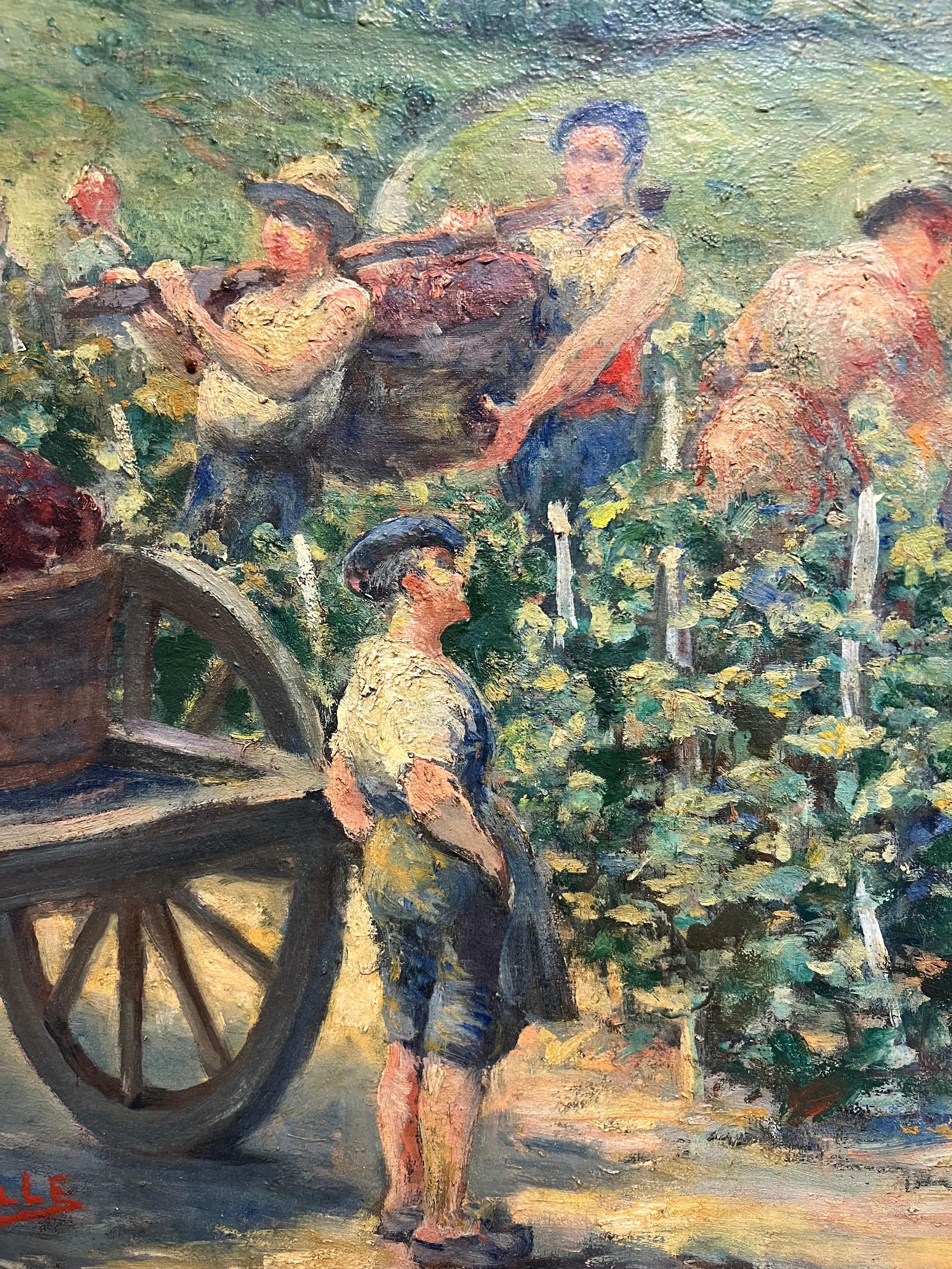 The Grape Harvest Large 1920's French Signed Oil Harvest Workers Vineyard For Sale 5