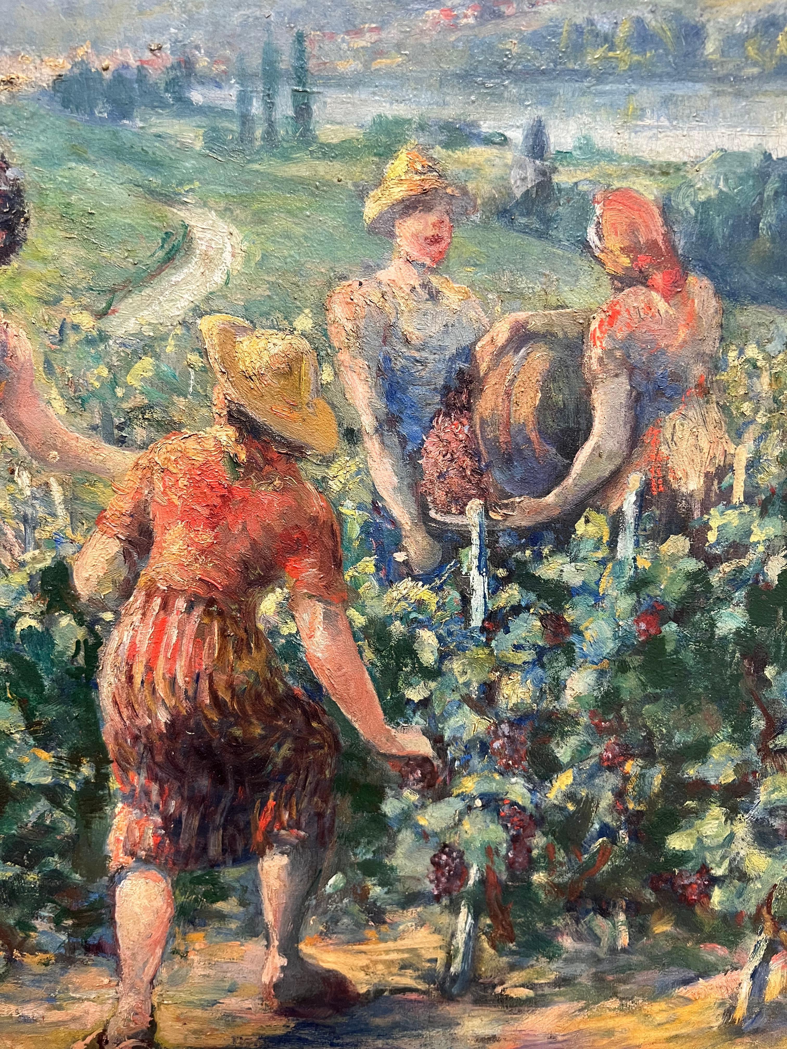 The Grape Harvest Large 1920's French Signed Oil Harvest Workers Vineyard For Sale 9