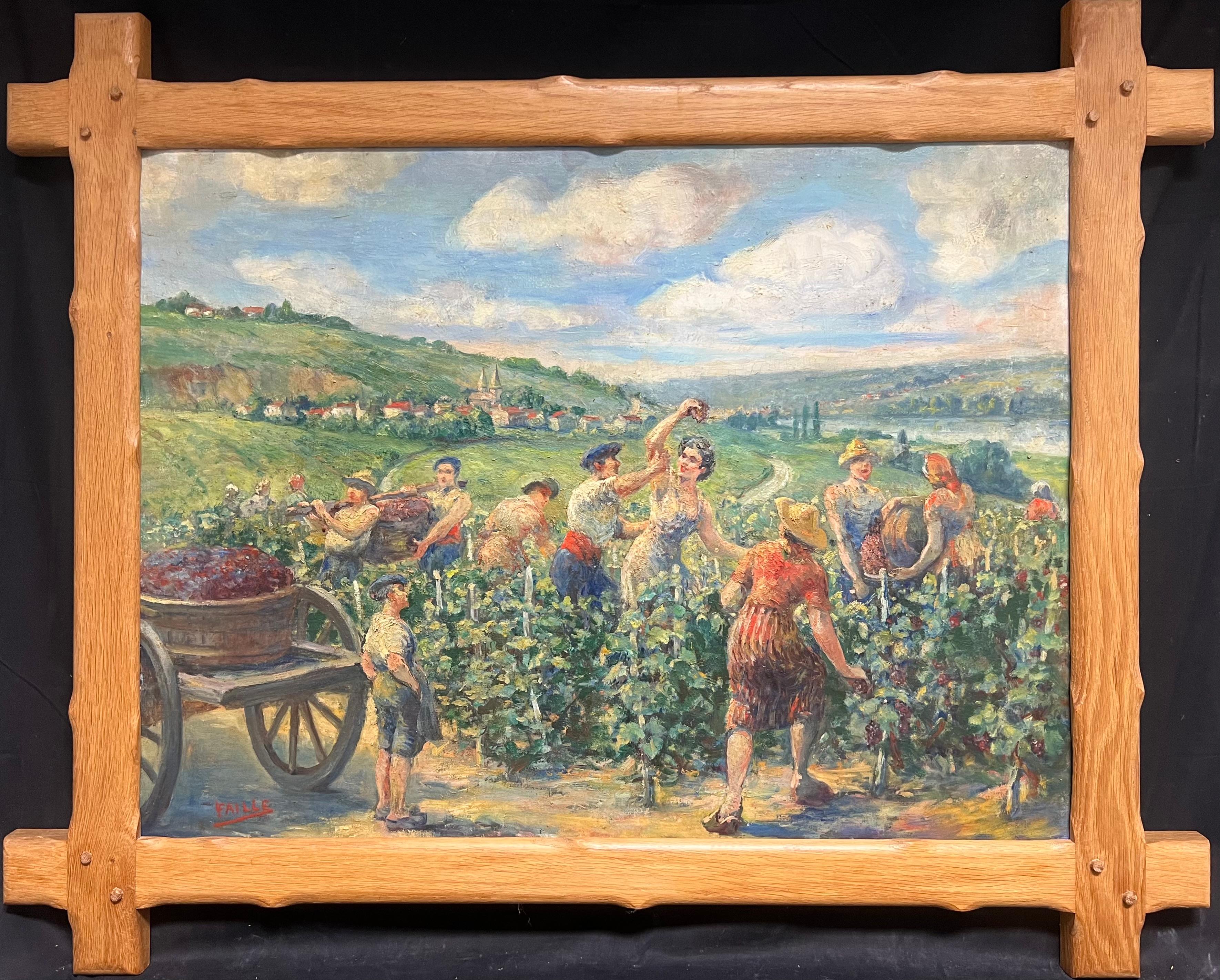 The Grape Harvest Large 1920's French Signed Oil Harvest Workers Vineyard - Painting by Louis Faille