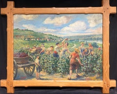 The Grape Harvest Large 1920's French Signed Oil Harvest Workers Vineyard
