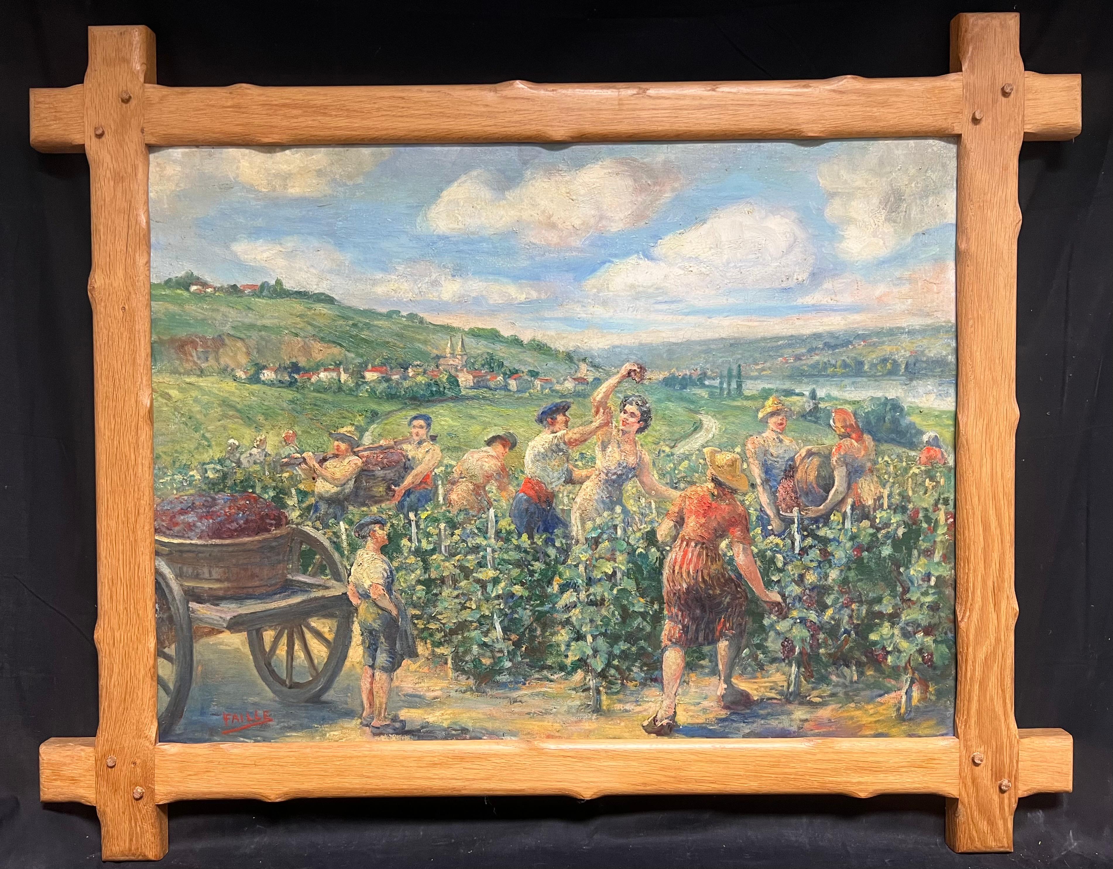 The Grape Harvest Large 1920's French Signed Oil Harvest Workers Vineyard - Post-Impressionist Painting by Louis Faille