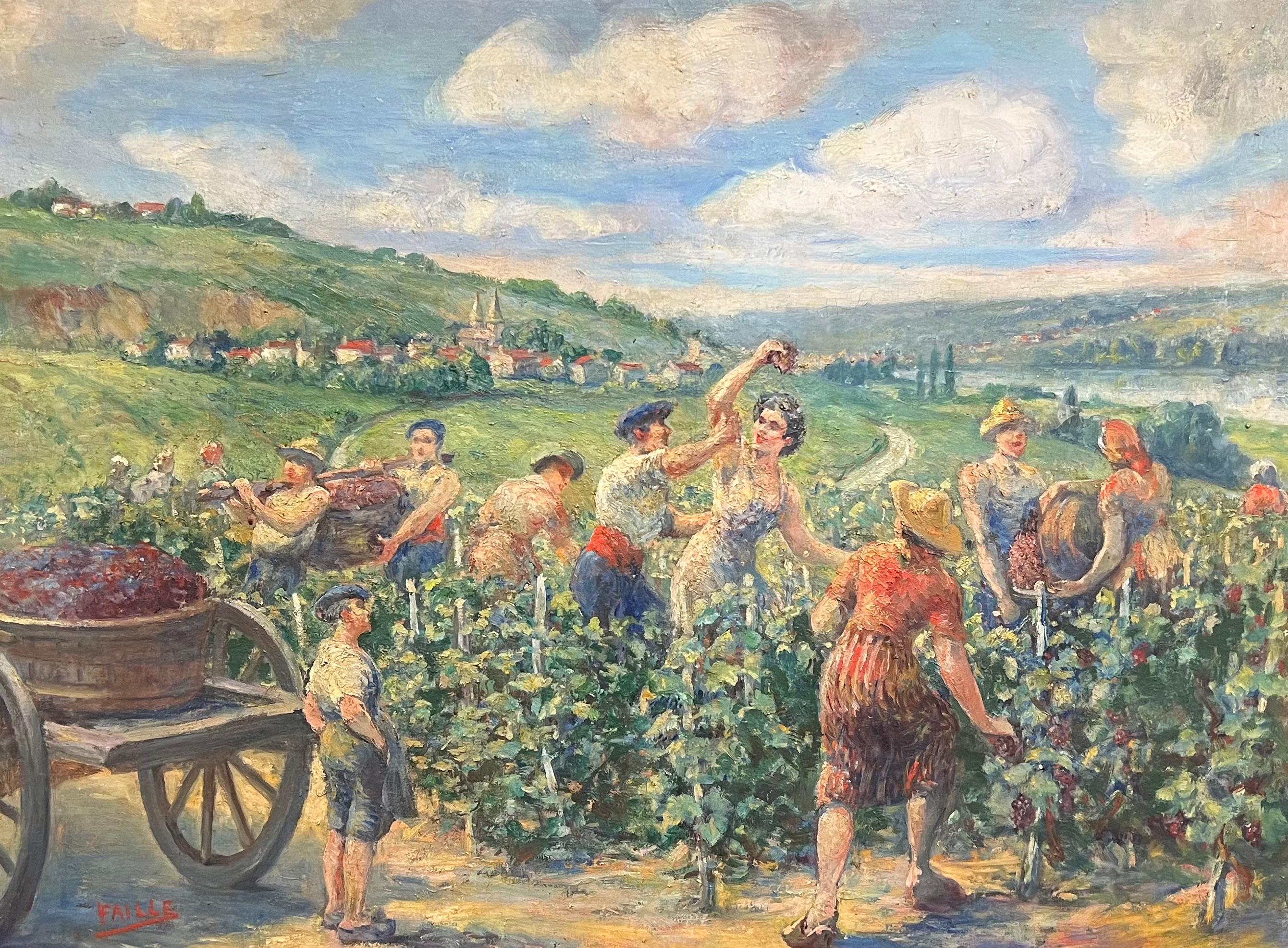 The Grape Harvest Large 1920's French Signed Oil Harvest Workers Vineyard - Brown Figurative Painting by Louis Faille