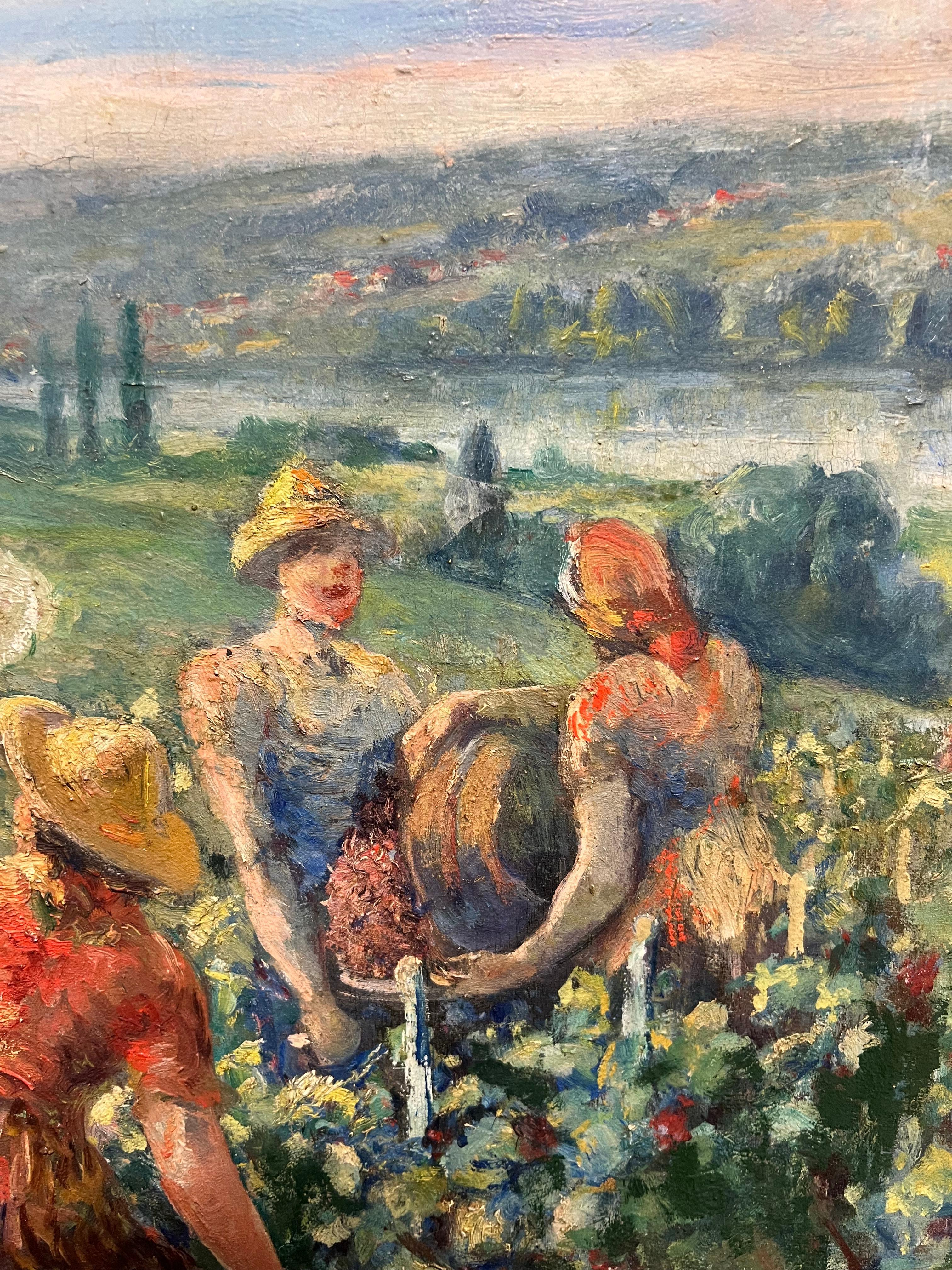 The Grape Harvest Large 1920's French Signed Oil Harvest Workers Vineyard For Sale 1