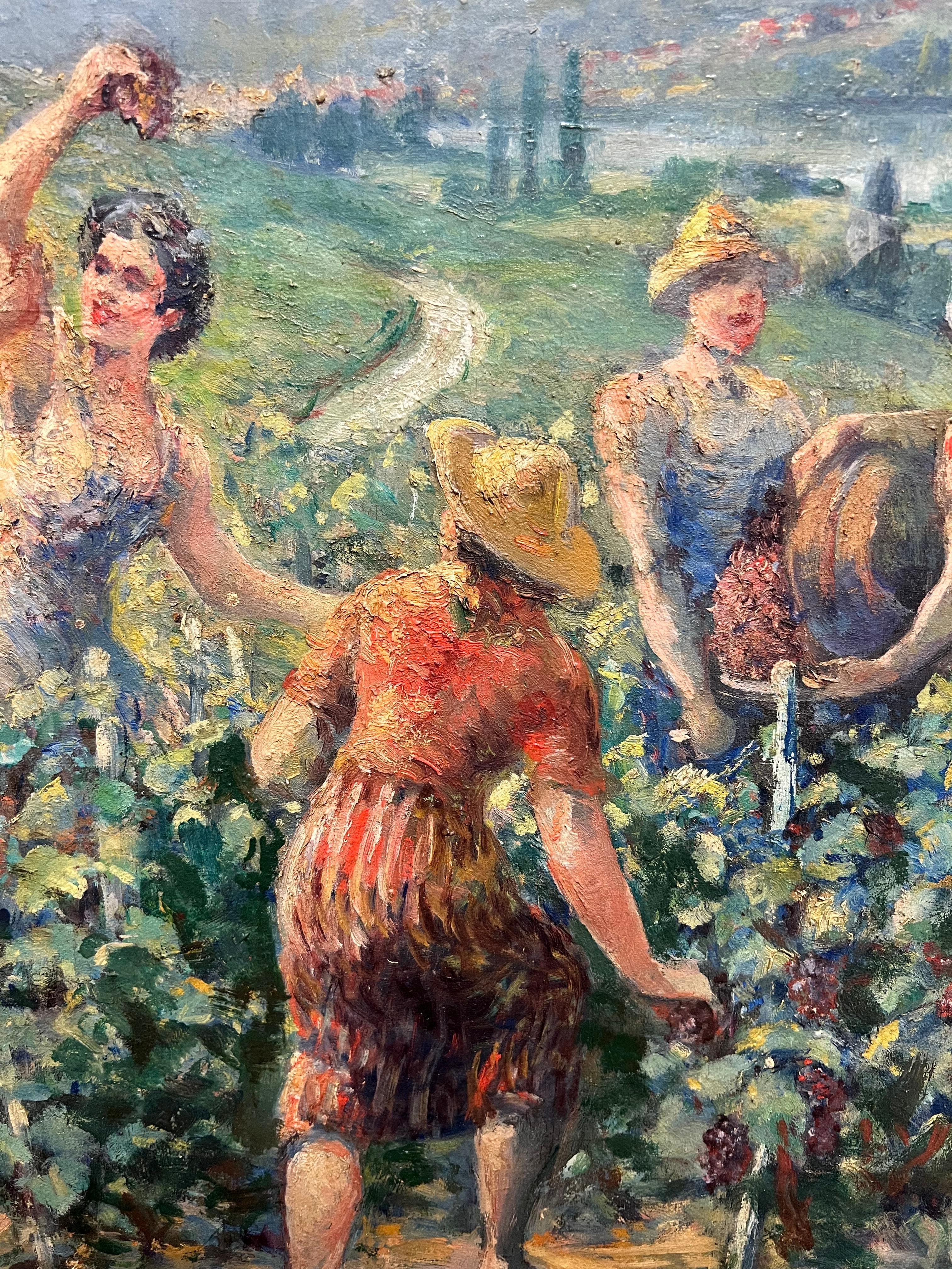 The Grape Harvest Large 1920's French Signed Oil Harvest Workers Vineyard For Sale 2