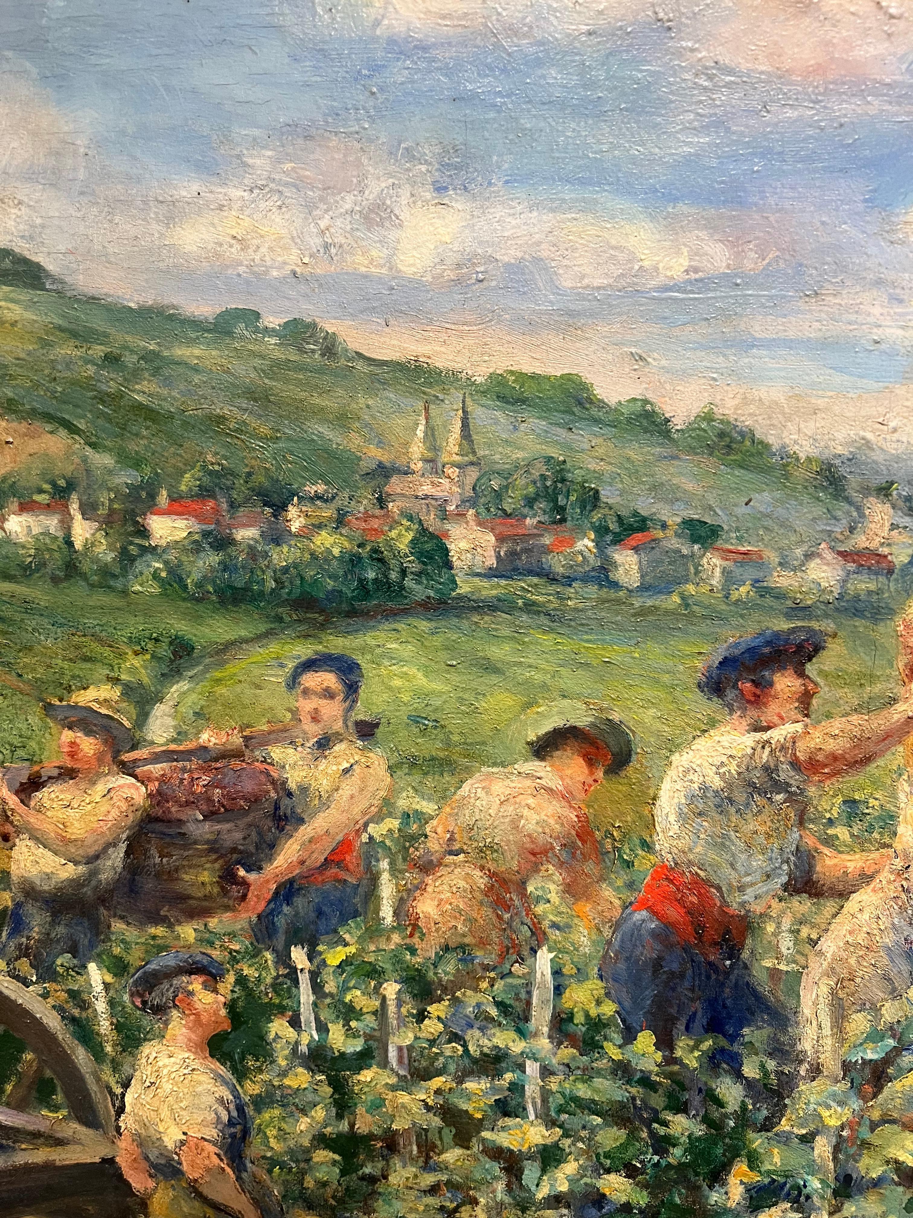 The Grape Harvest Large 1920's French Signed Oil Harvest Workers Vineyard For Sale 3