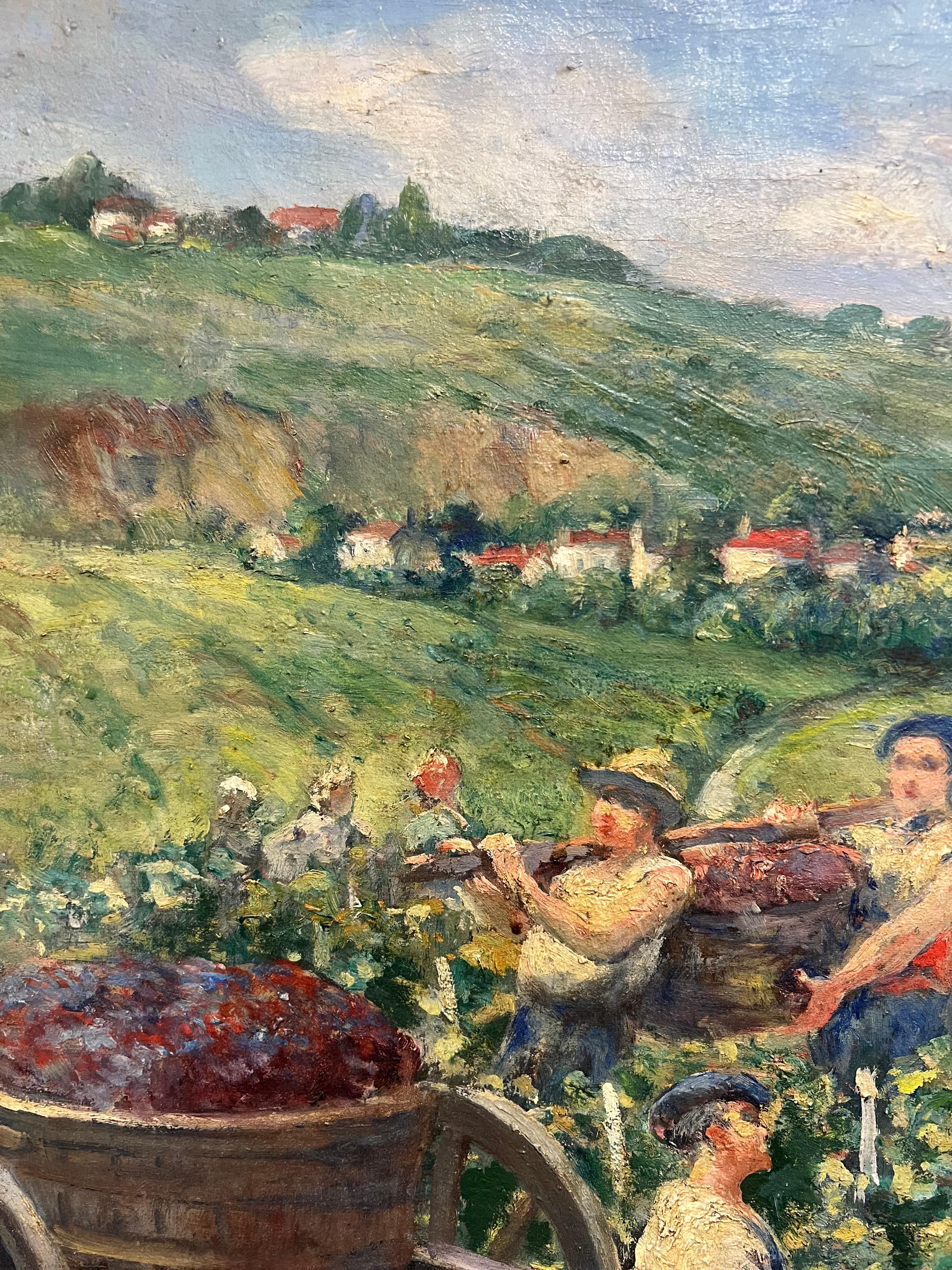 The Grape Harvest Large 1920's French Signed Oil Harvest Workers Vineyard For Sale 4