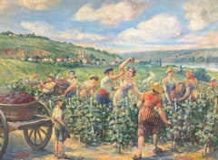 The Grape Harvest Large 1920's Französisch signiert Öl Ernte Arbeiter Weinberg