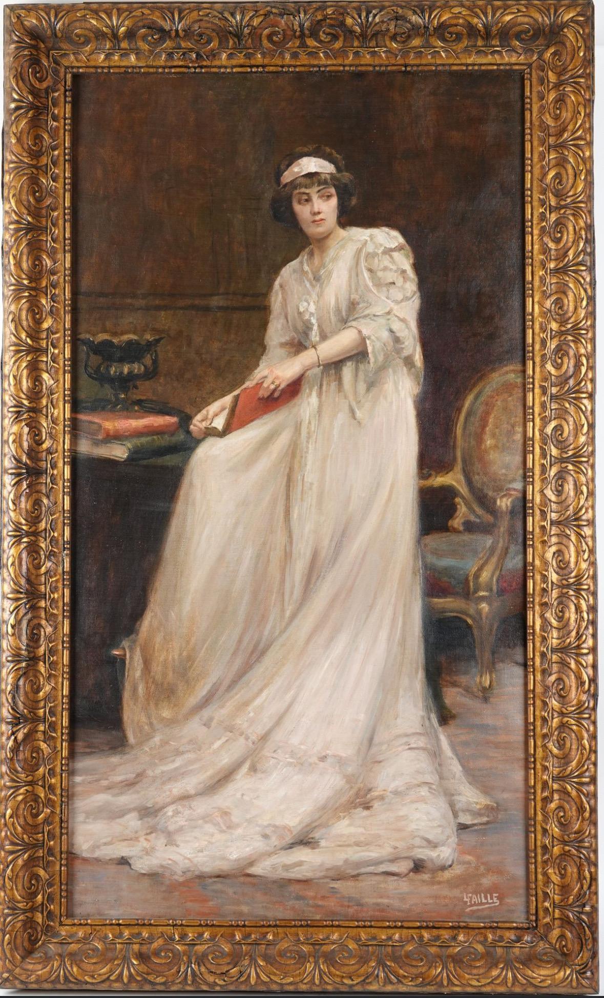 Figurative Painting Louis Faille - Très belle huile française signée des années 1900 Portrait en pied d'une dame lisant à l'intérieur
