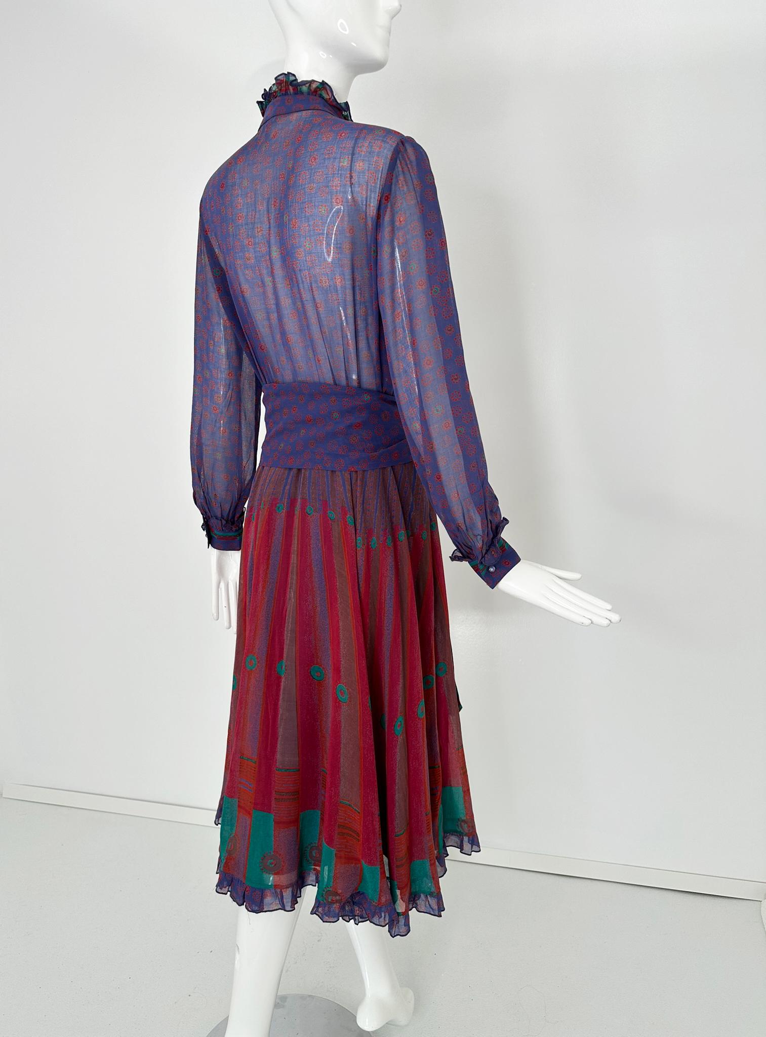 Louis Feraud 1970s Mix Print Cotton Voile Long Sleeve Shirt Waist Dress & Belt For Sale 5