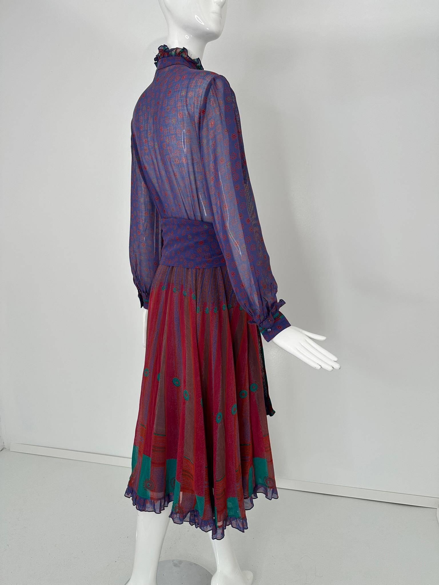 Louis Feraud 1970s Mix Print Cotton Voile Long Sleeve Shirt Waist Dress & Belt For Sale 6