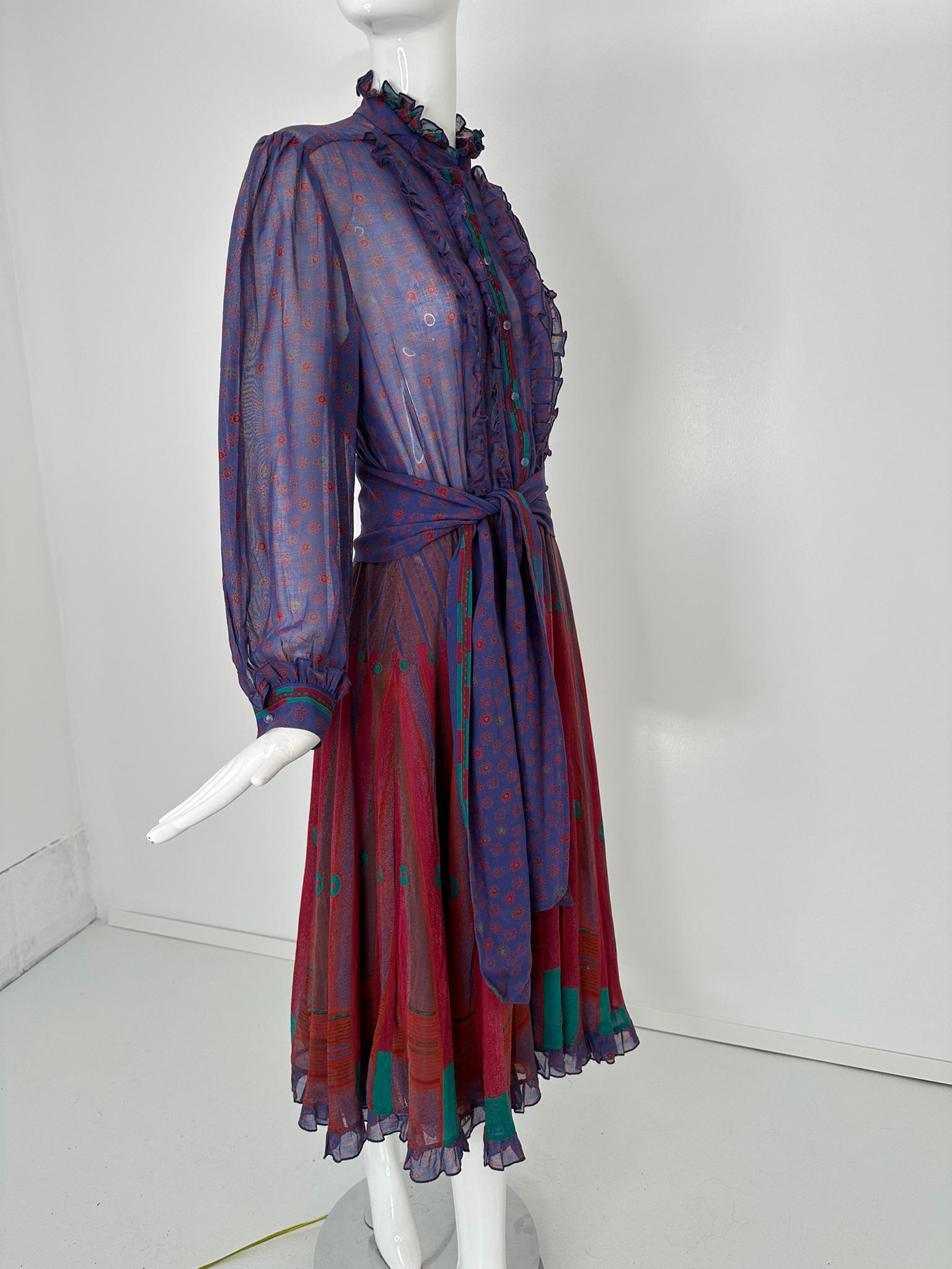 Louis Feraud 1970s Mix Print Cotton Voile Long Sleeve Shirt Waist Dress & Belt For Sale 7