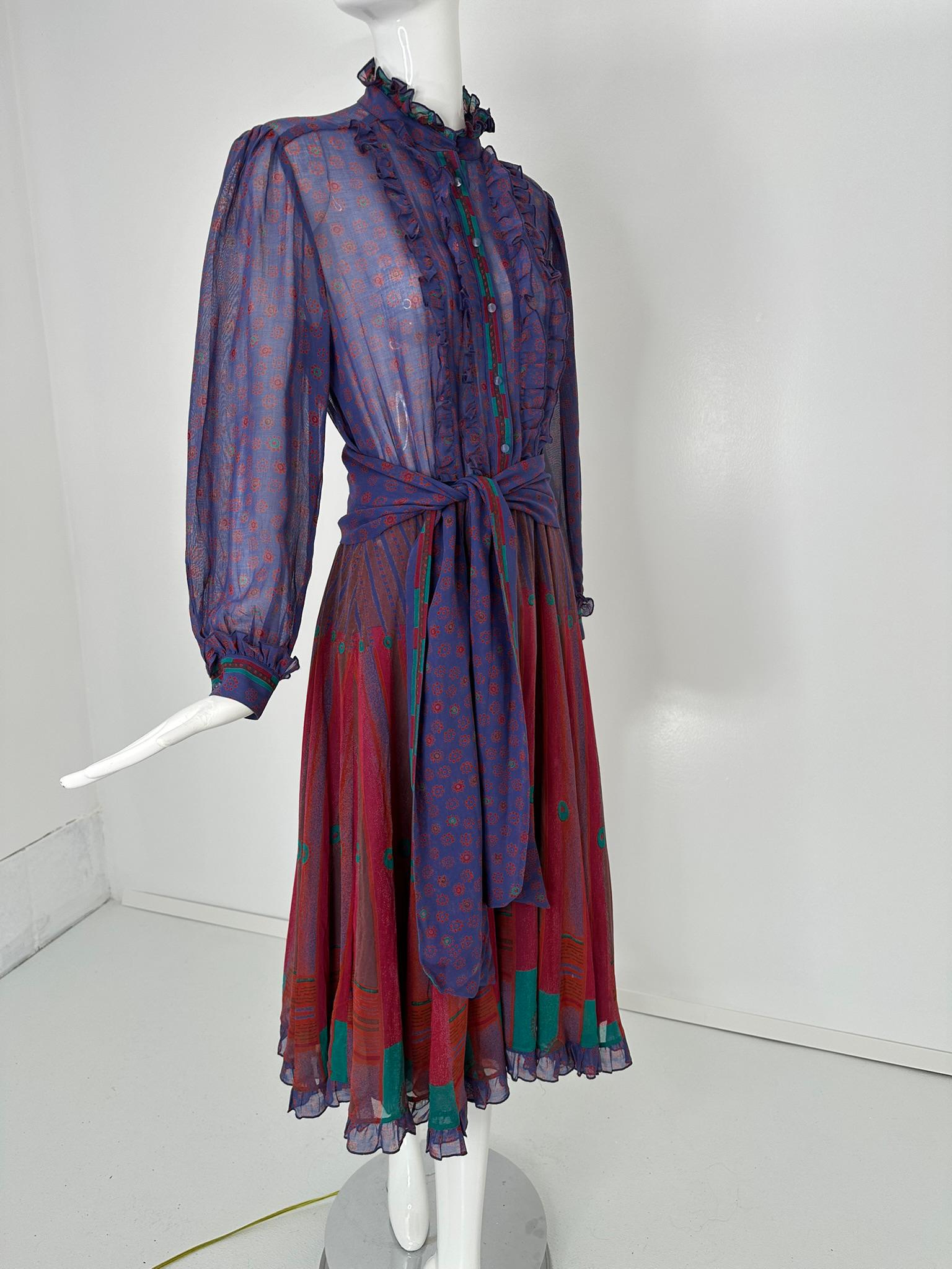 Louis Feraud 1970s Mix Print Cotton Voile Long Sleeve Shirt Waist Dress & Belt For Sale 8
