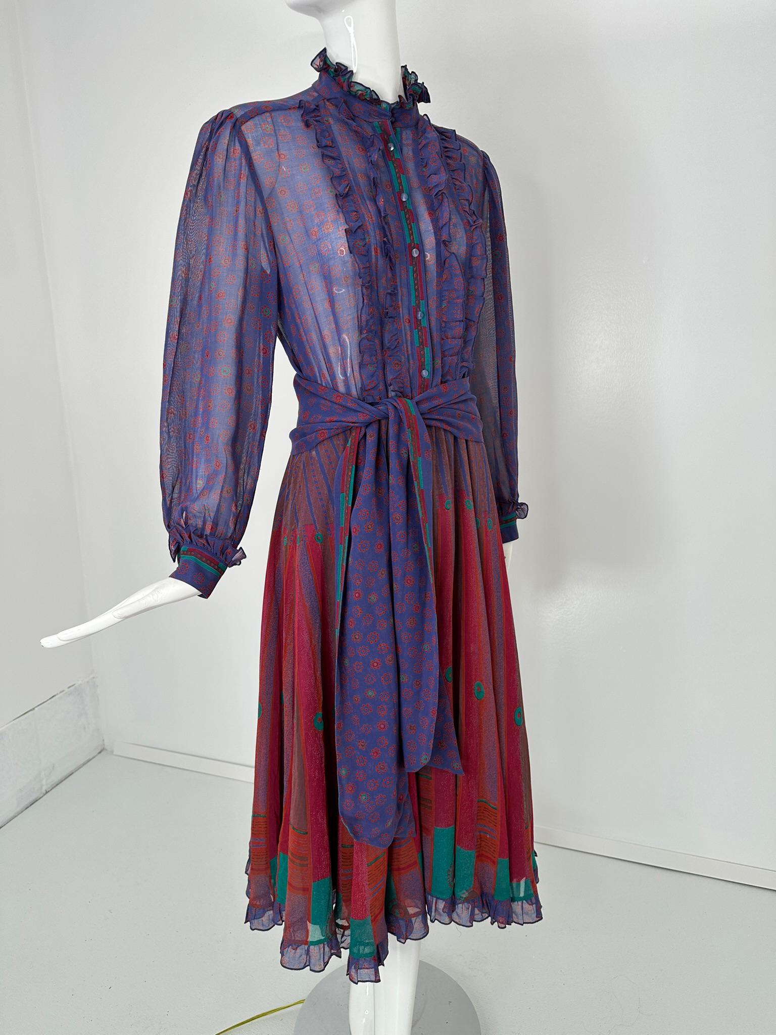 Louis Feraud 1970s Mix Print Cotton Voile Long Sleeve Shirt Waist Dress & Belt For Sale 9