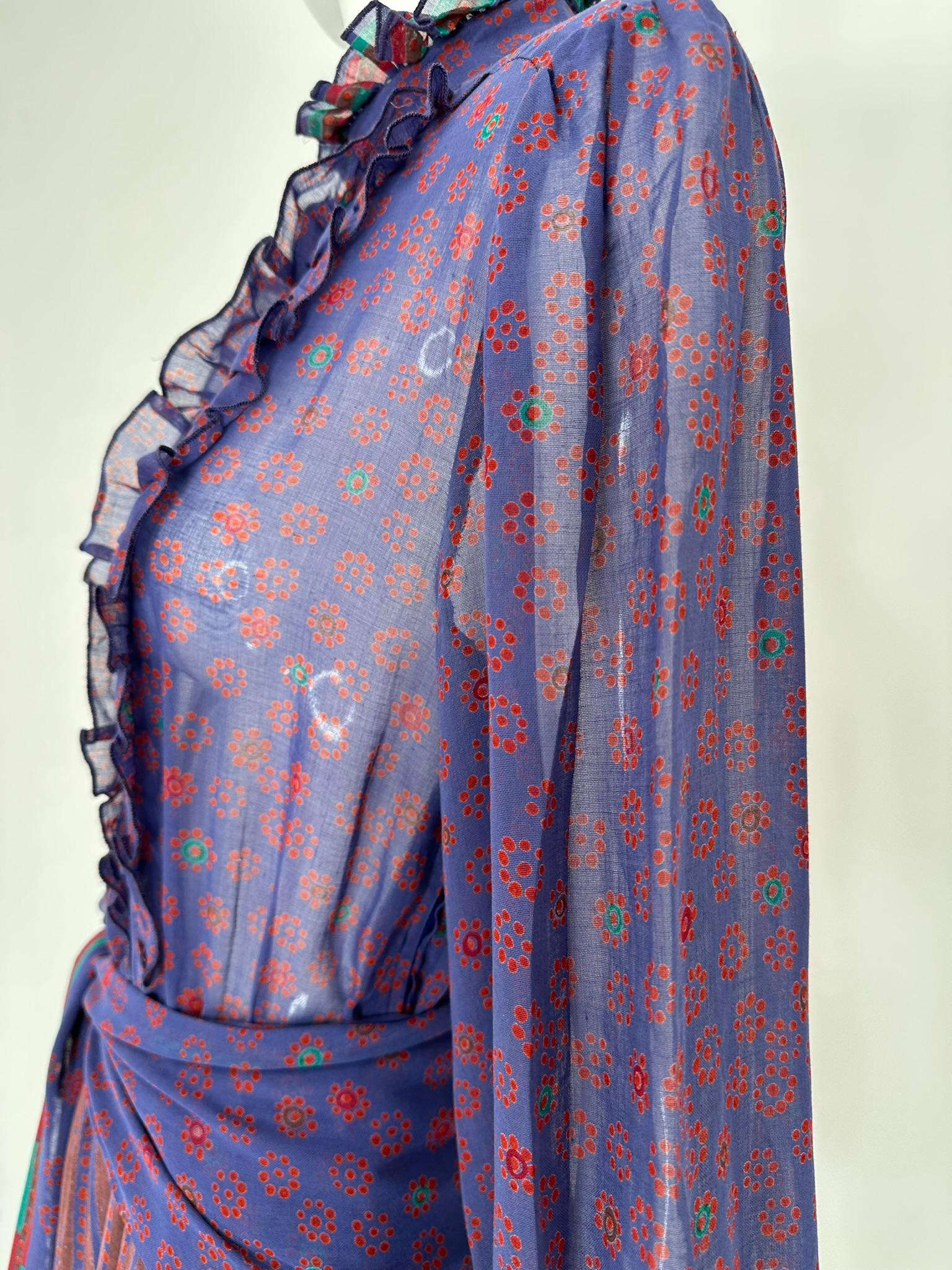 Louis Feraud 1970s Mix Print Cotton Voile Long Sleeve Shirt Waist Dress & Belt For Sale 11