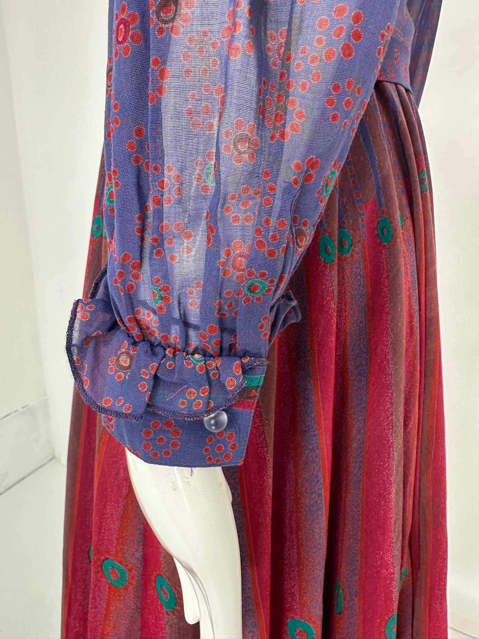Louis Feraud 1970s Mix Print Cotton Voile Long Sleeve Shirt Waist Dress & Belt For Sale 12