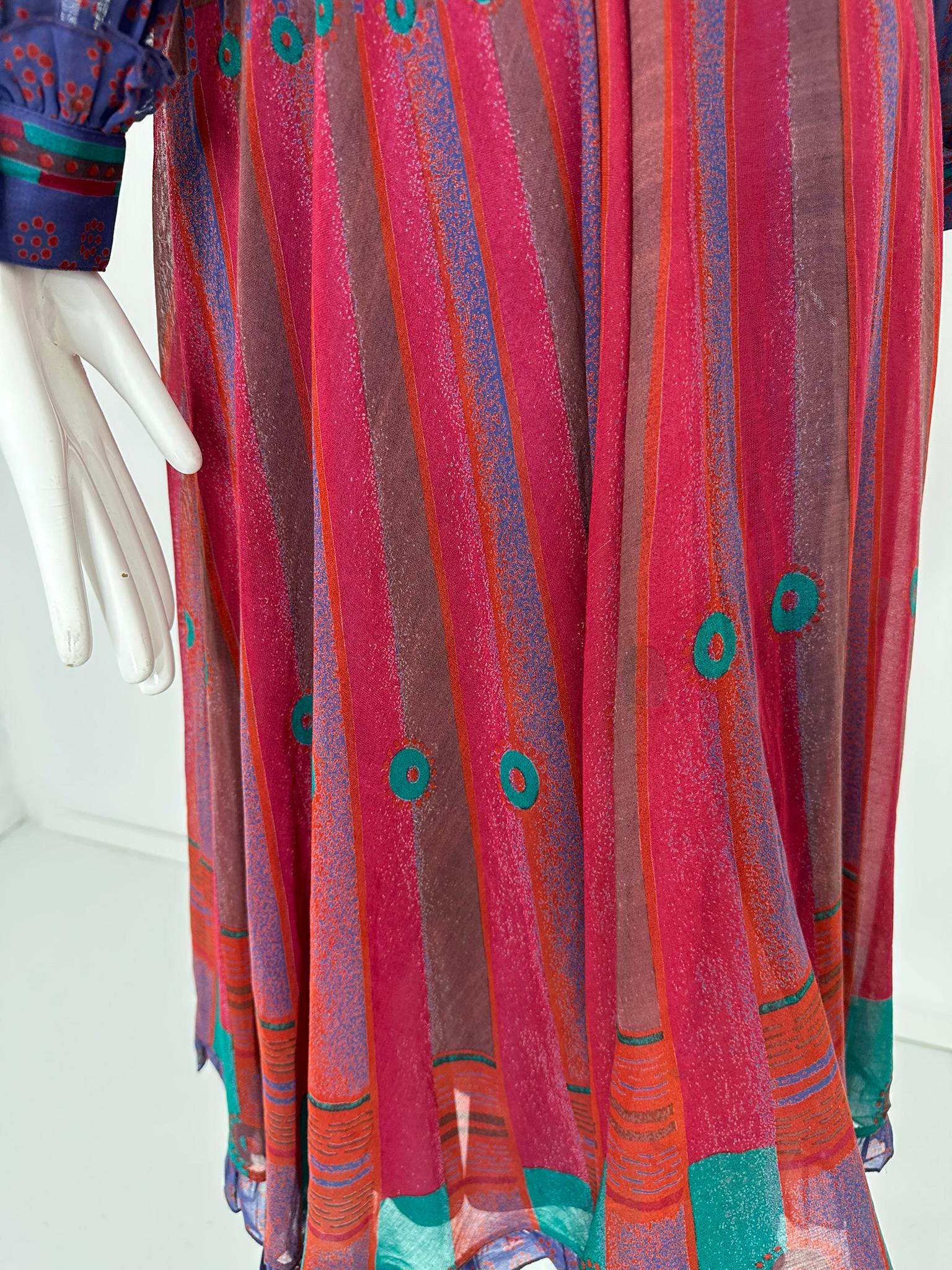 Louis Feraud 1970s Mix Print Cotton Voile Long Sleeve Shirt Waist Dress & Belt For Sale 13