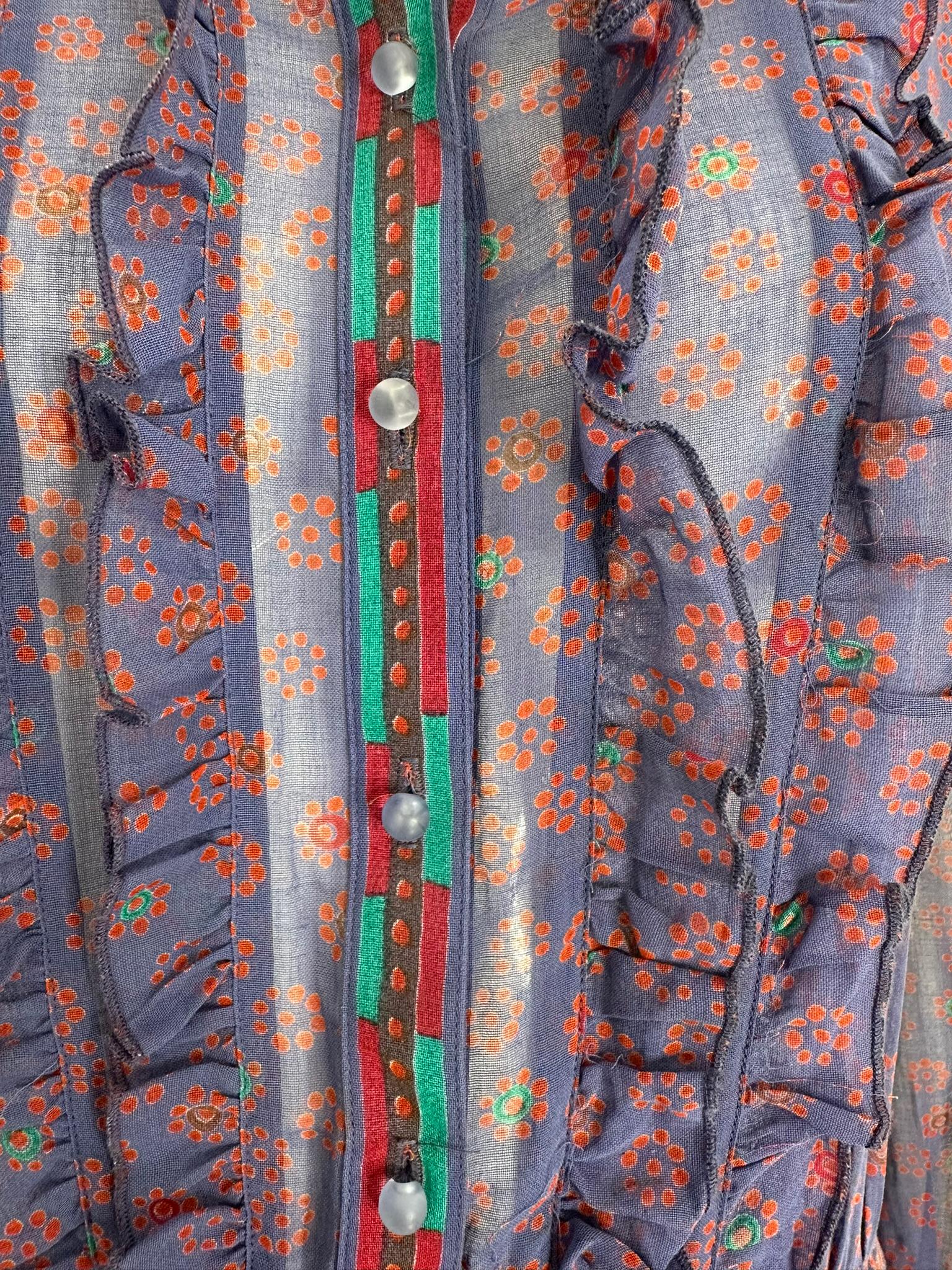 Louis Feraud 1970s Mix Print Cotton Voile Long Sleeve Shirt Waist Dress & Belt For Sale 14
