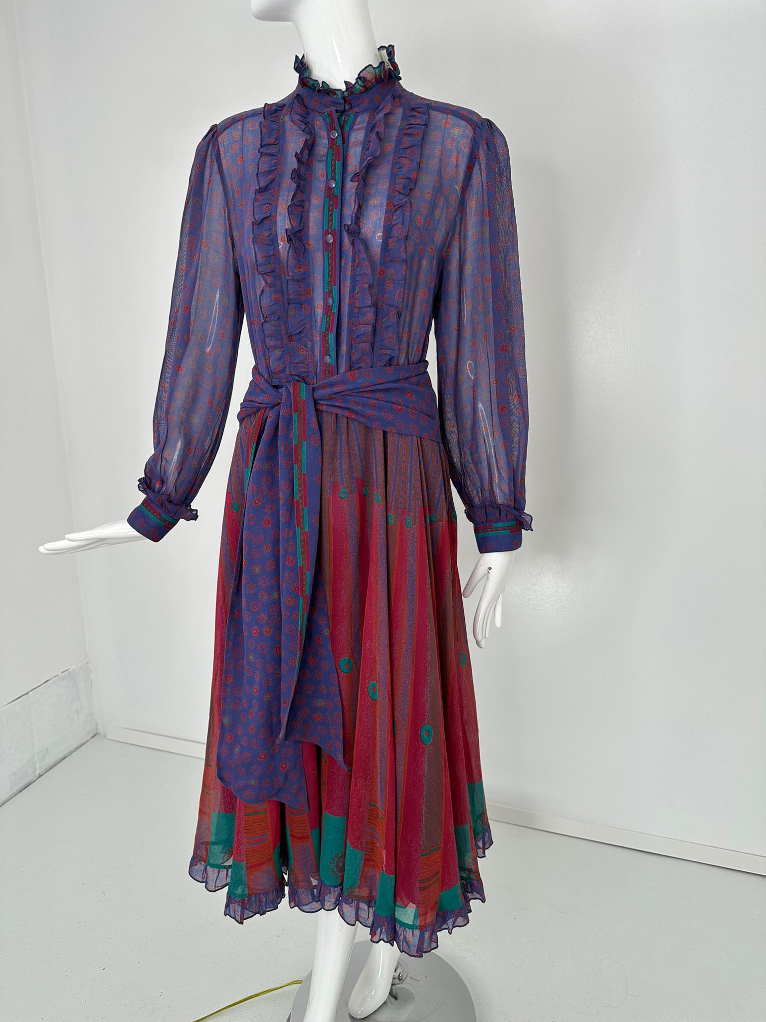 Louis Feraud Paris, mix print cotton voile long sleeve, shirt waist dress & self belt from the late 1970s early 1980s. Bohemian style summery dress in beautiful deep colous, red, purple, turquoise, echoing Feraud's 70s haute couture collections.