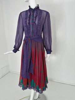Louis Feraud 1970s Mix Print Cotton Voile Long Sleeve Shirt Waist Dress & Belt