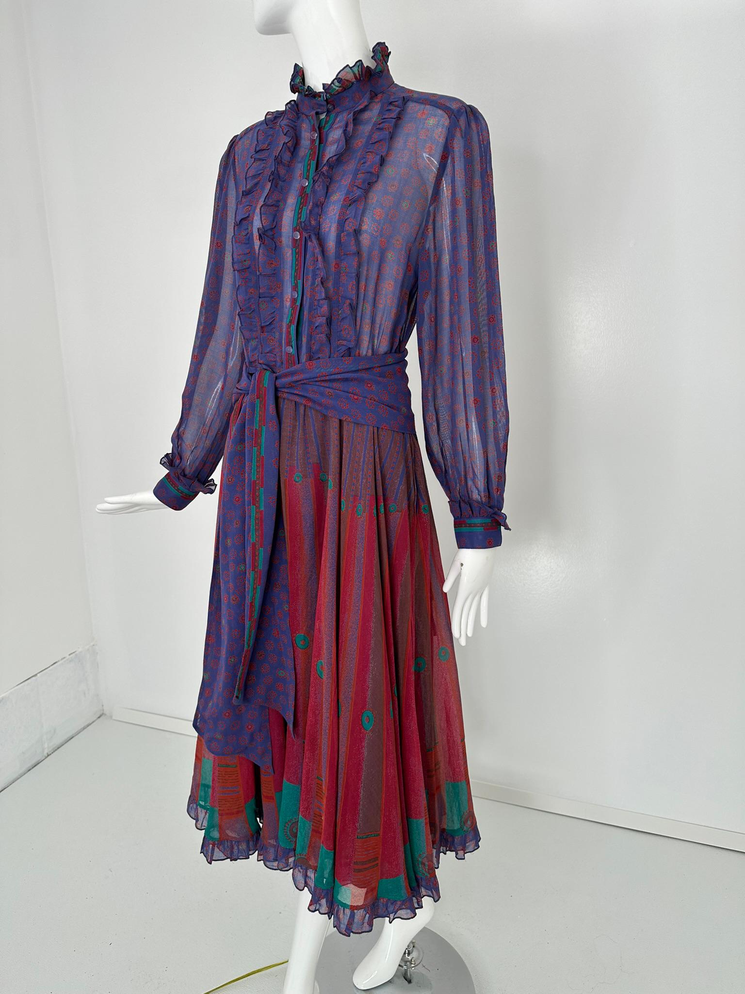 Black Louis Feraud 1970s Mix Print Cotton Voile Long Sleeve Shirt Waist Dress & Belt For Sale