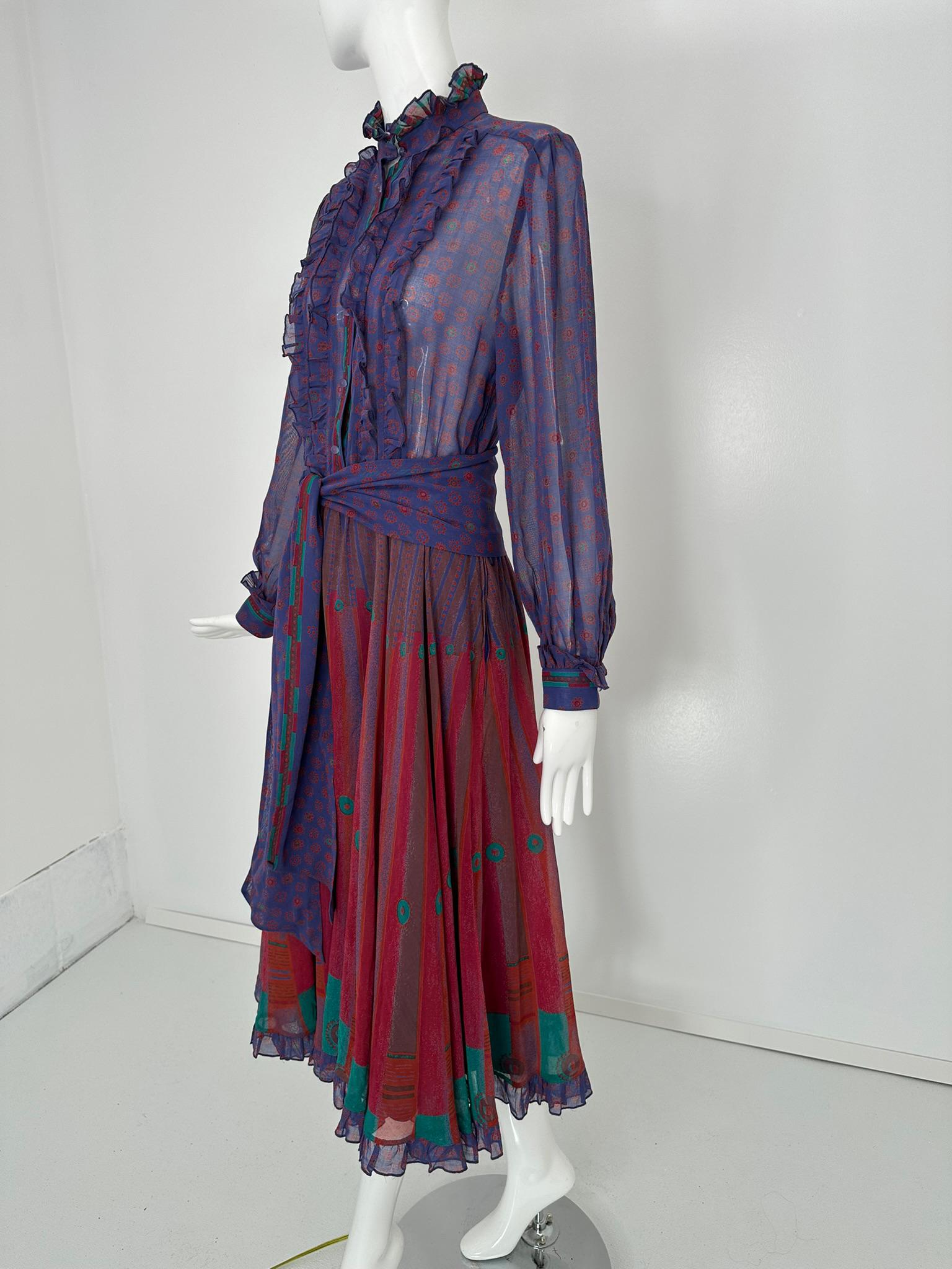 Louis Feraud 1970s Mix Print Cotton Voile Long Sleeve Shirt Waist Dress & Belt In Good Condition For Sale In West Palm Beach, FL