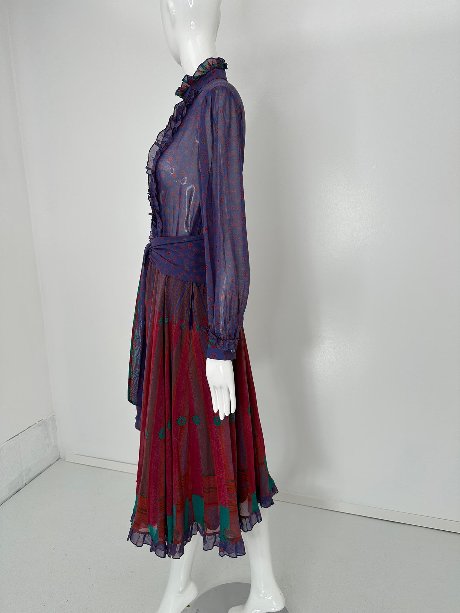 Women's Louis Feraud 1970s Mix Print Cotton Voile Long Sleeve Shirt Waist Dress & Belt For Sale
