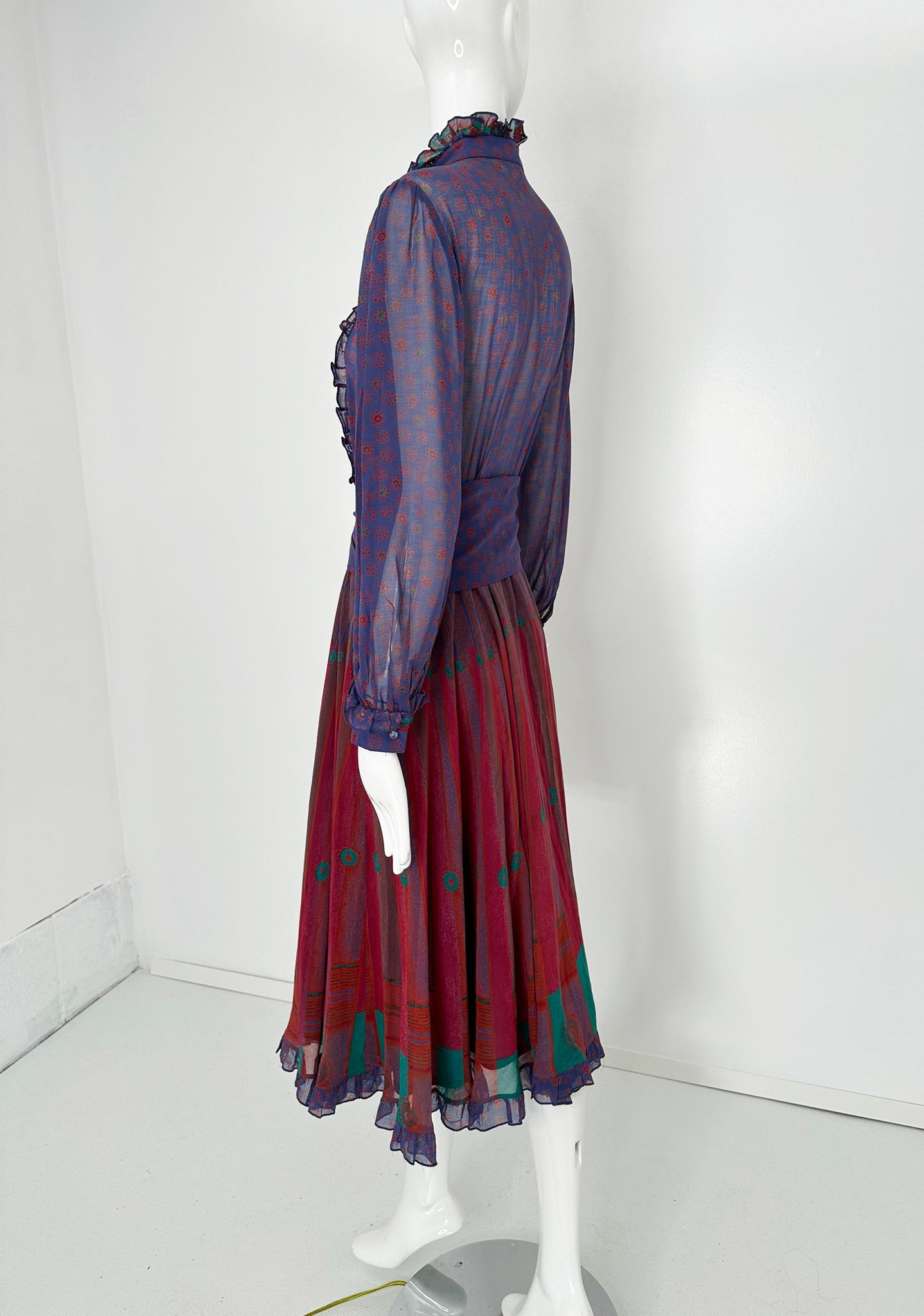 Louis Feraud 1970s Mix Print Cotton Voile Long Sleeve Shirt Waist Dress & Belt For Sale 1