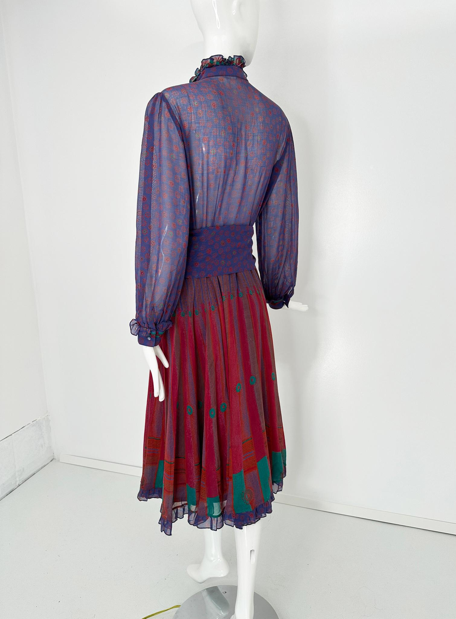 Louis Feraud 1970s Mix Print Cotton Voile Long Sleeve Shirt Waist Dress & Belt For Sale 2