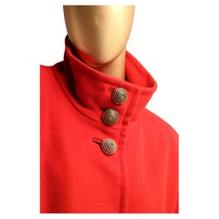 Louis Féraud 1980s Red Wool Oversized Coat w/ Spiral Gold Buttons