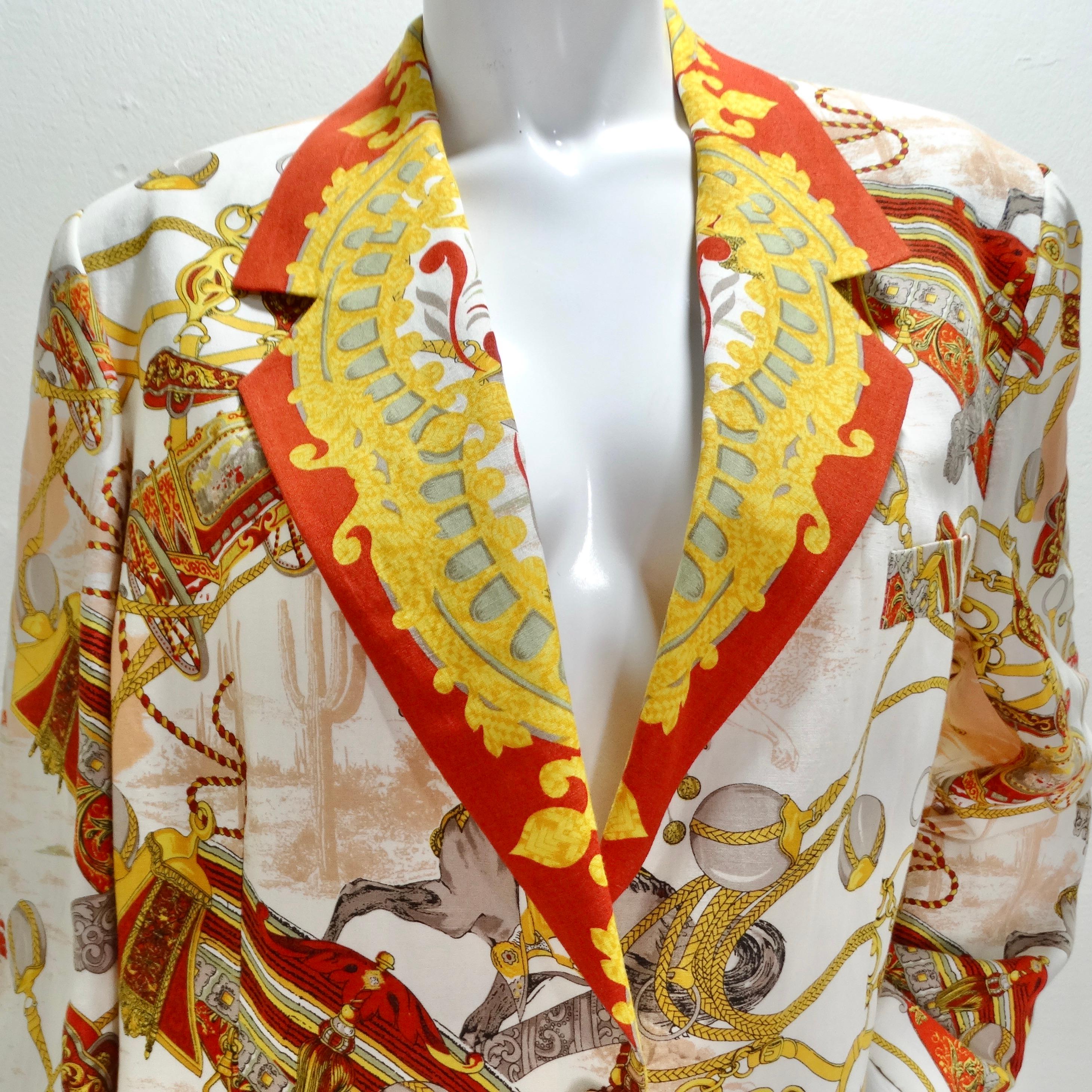 Voici le blazer Louis Feraud des années 1980, imprimé de motifs occidentaux, une pièce intemporelle et marquante qui ajoute une touche d'Ouest américain à votre garde-robe. Réalisé avec une attention méticuleuse aux détails, ce blazer structuré
