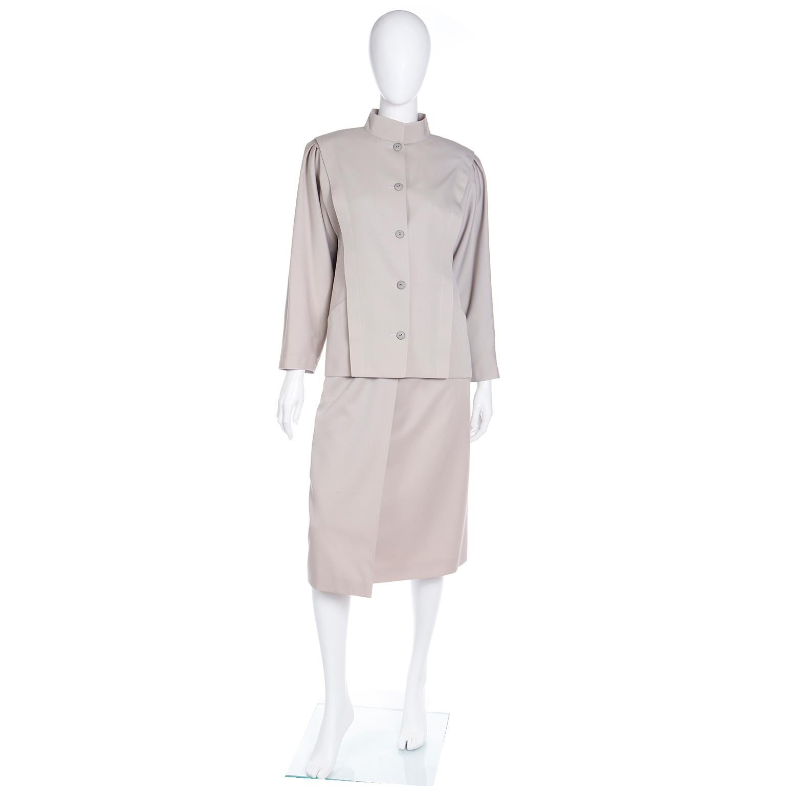 Louis Feraud 2 Piece Tan Jacket & Wrap Skirt Suit For Sale 1
