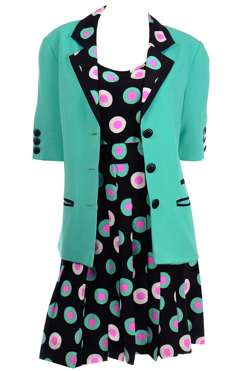 Louis Feraud 3Pc Suit Silk Black Green & Pink Dot 2pc Dress & Mint Green Jacket For Sale 2