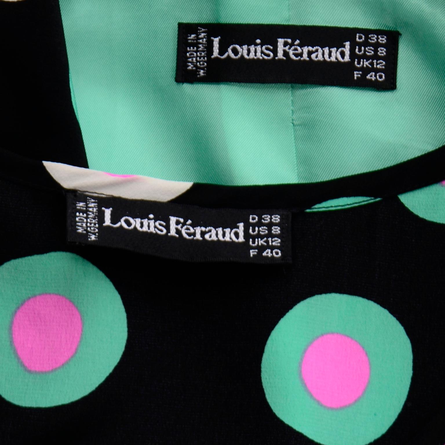 Louis Feraud 3Pc Suit Silk Black Green & Pink Dot 2pc Dress & Mint Green Jacket For Sale 3