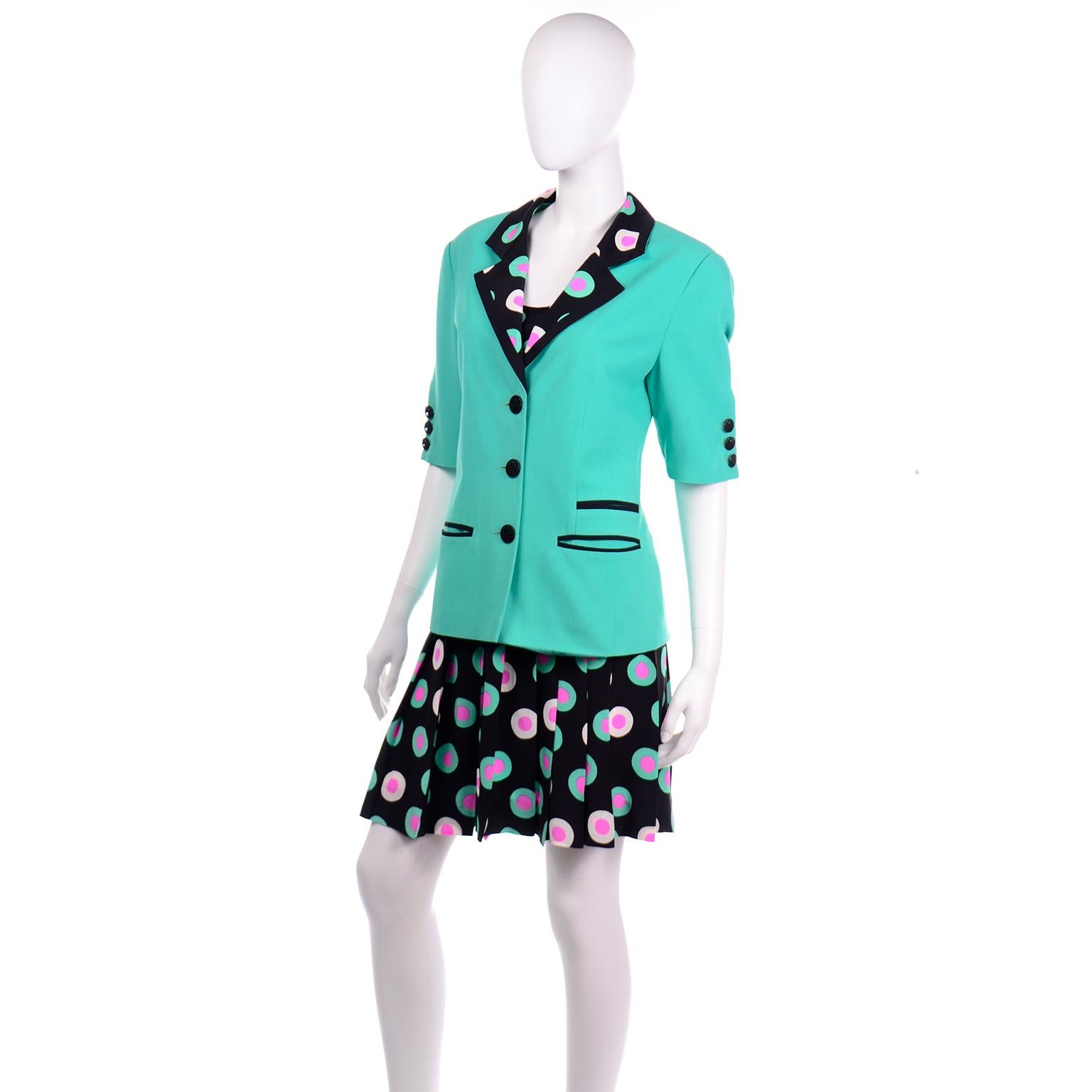 Blue Louis Feraud 3Pc Suit Silk Black Green & Pink Dot 2pc Dress & Mint Green Jacket For Sale