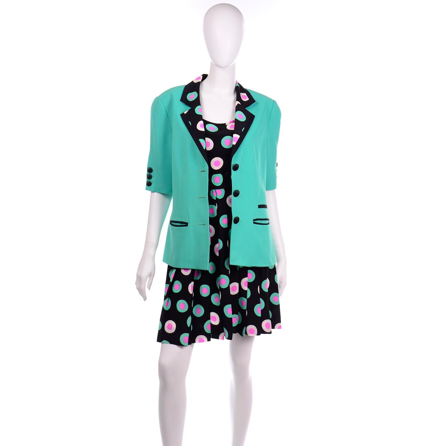 Louis Feraud 3Pc Suit Silk Black Green & Pink Dot 2pc Dress & Mint Green Jacket In Excellent Condition For Sale In Portland, OR