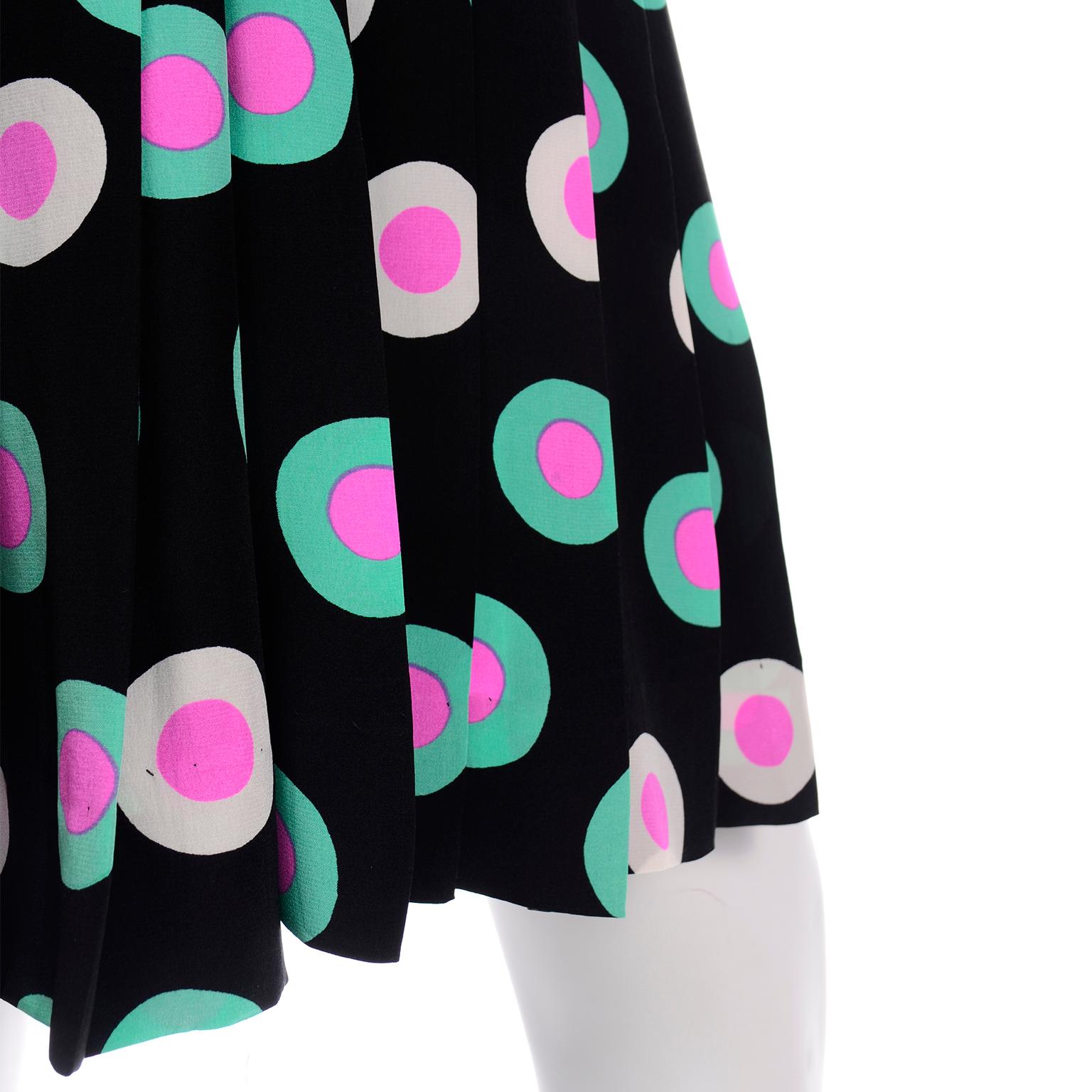 Louis Feraud 3Pc Suit Silk Black Green & Pink Dot 2pc Dress & Mint Green Jacket For Sale 1