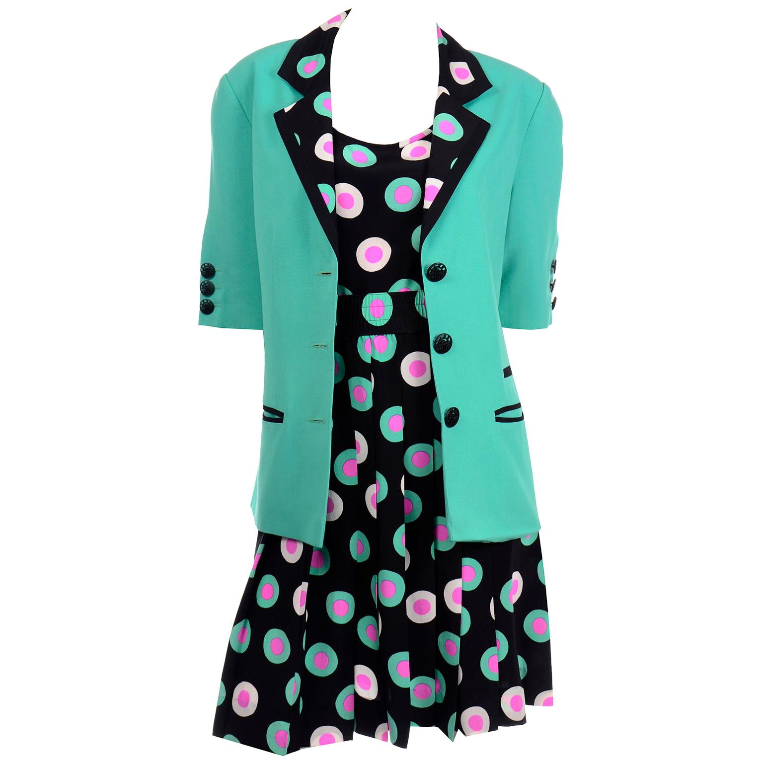 Louis Feraud 3Pc Suit Silk Black Green & Pink Dot 2pc Dress & Mint Green Jacket
