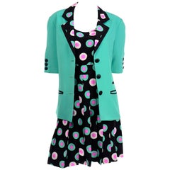 Vintage Louis Feraud 3Pc Suit Silk Black Green & Pink Dot 2pc Dress & Mint Green Jacket