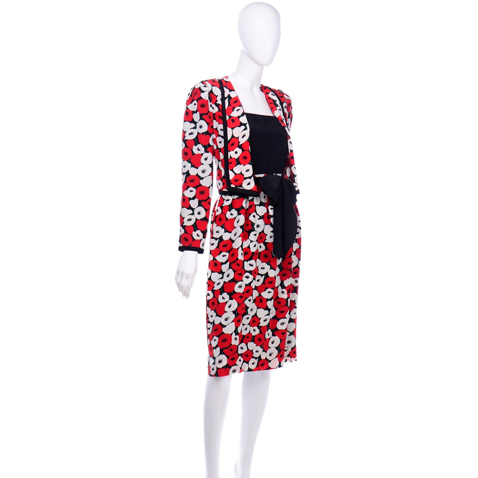 Women's Louis Feraud 4 pc Red Poppy Print Silk Skirt Top and Jacket Suit With Sash Belt