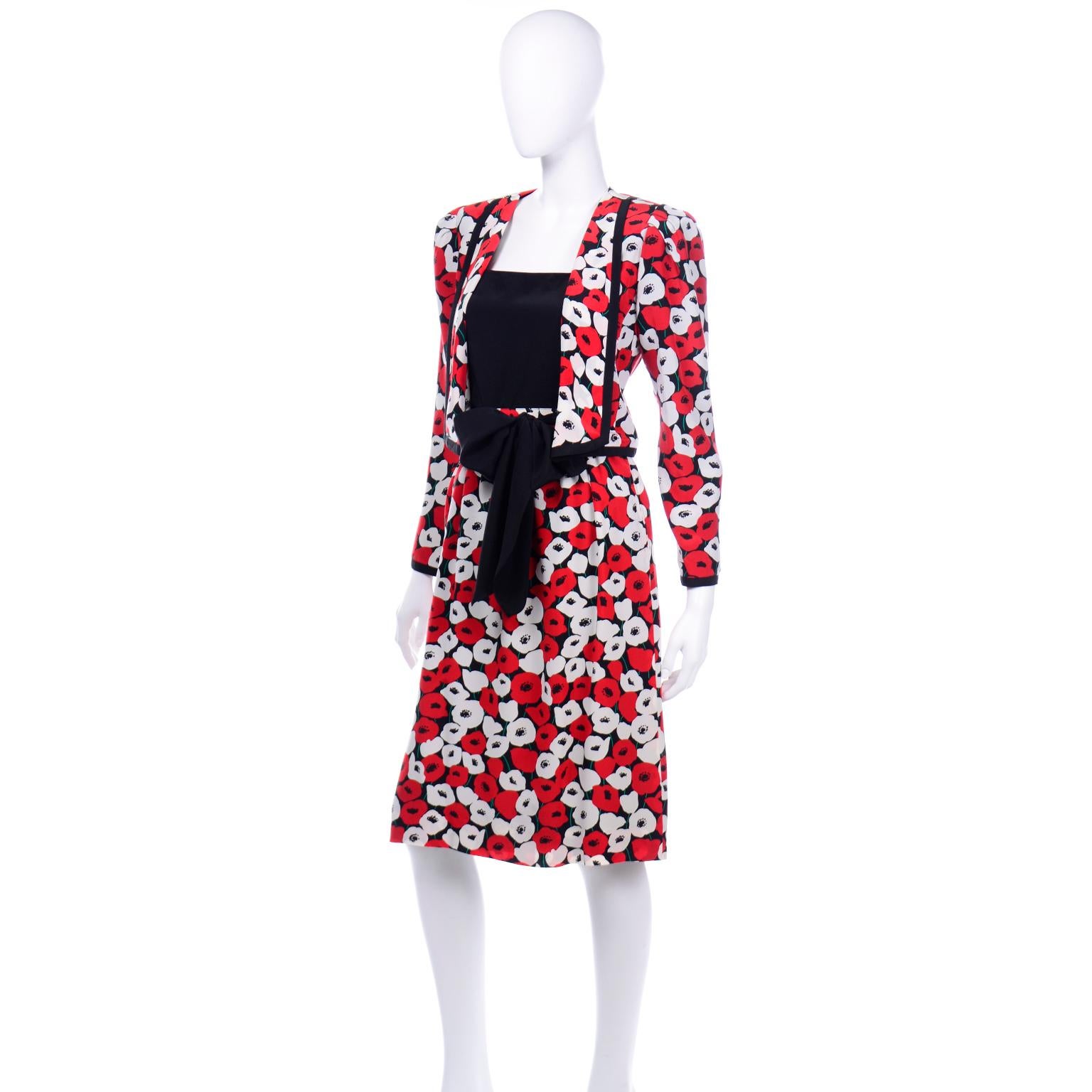 Louis Feraud 4 pc Red Poppy Print Silk Skirt Top and Jacket Suit With Sash Belt 2